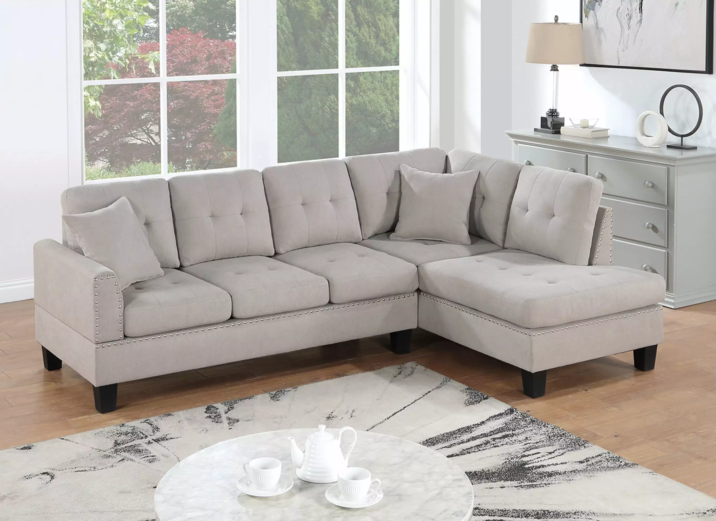 Poundex 2-pcs Sectional Set Mushroom Color Comfortable Living Room Furniture