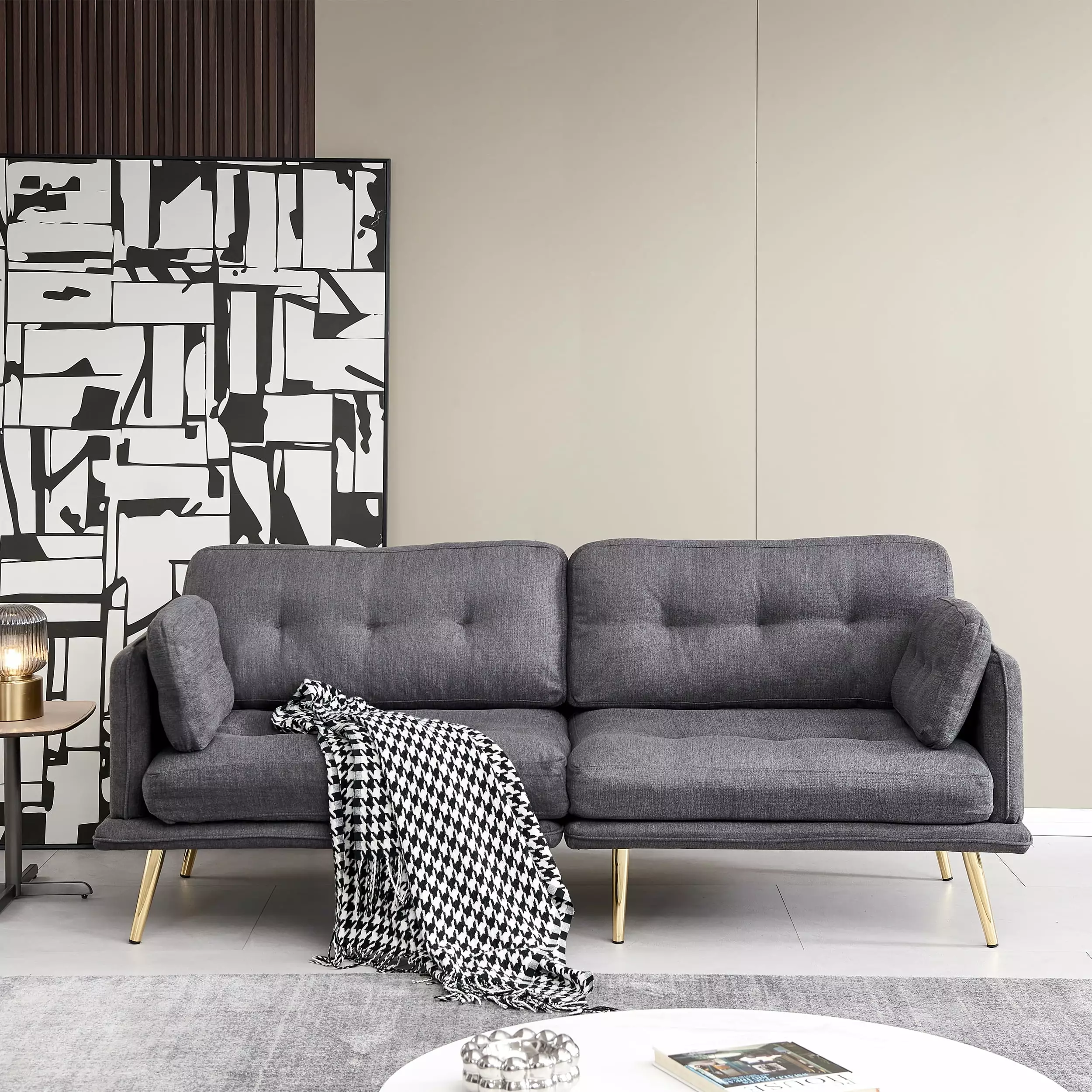 Modern 3-Seat Sofa Gold Metal Legs Soft Cotton Linen Fabric Supports up to 800 lbs GUTALOR
