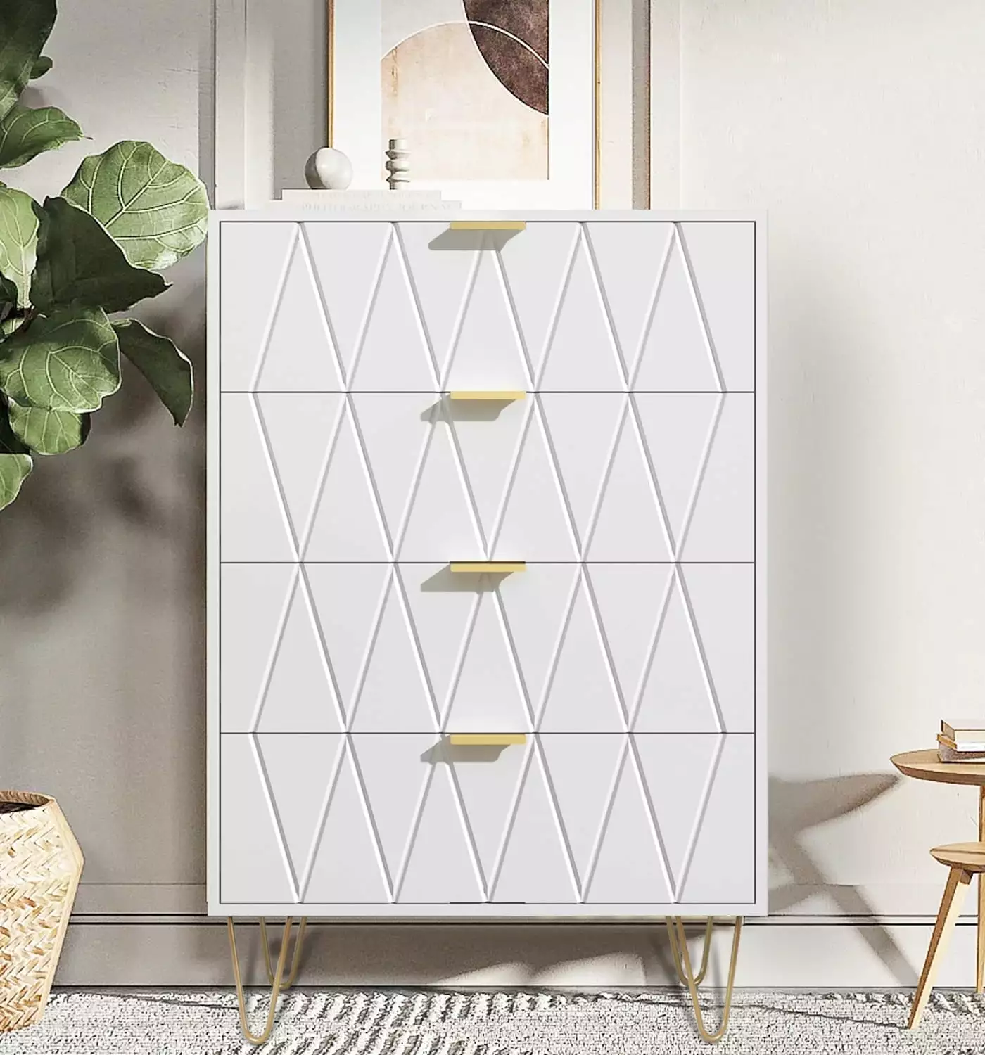 Eclife 4-Drawer White Dresser Wood Top and Gold Handle Legs Bedroom