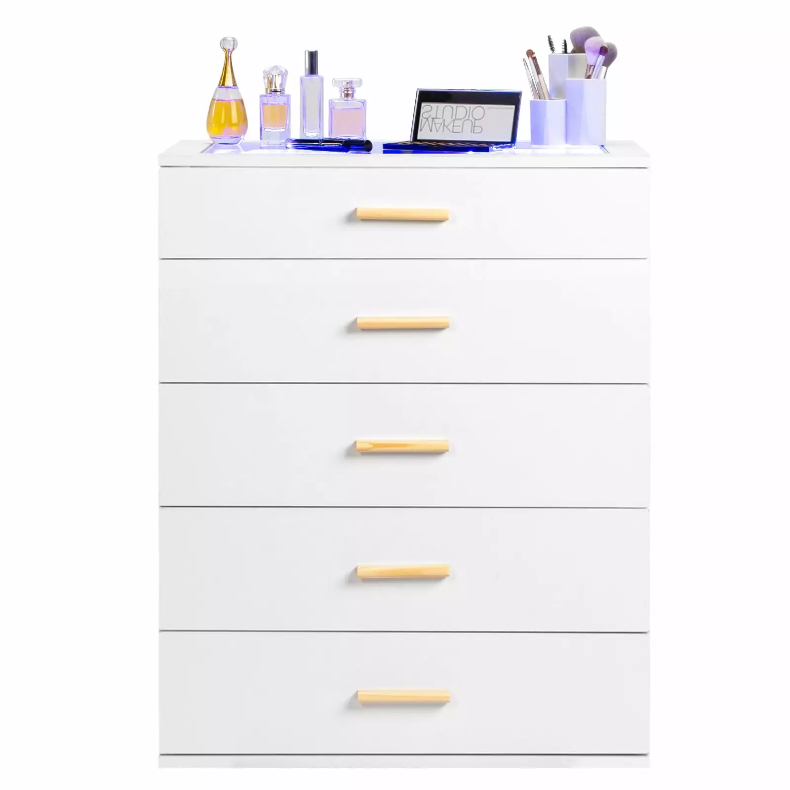 BTMWAY Chest Cabinet Arranger - Solid Wood 5 Drawer Dresser Glass Top and LED Light