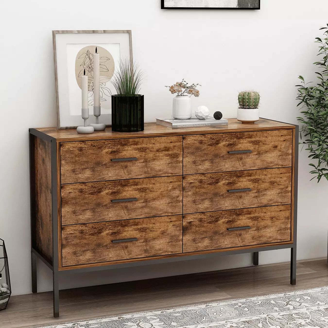Aukfa 48.4 Inch Wood 6-Drawer Dresser Anti-Fall Device Brown Bedroom Storage