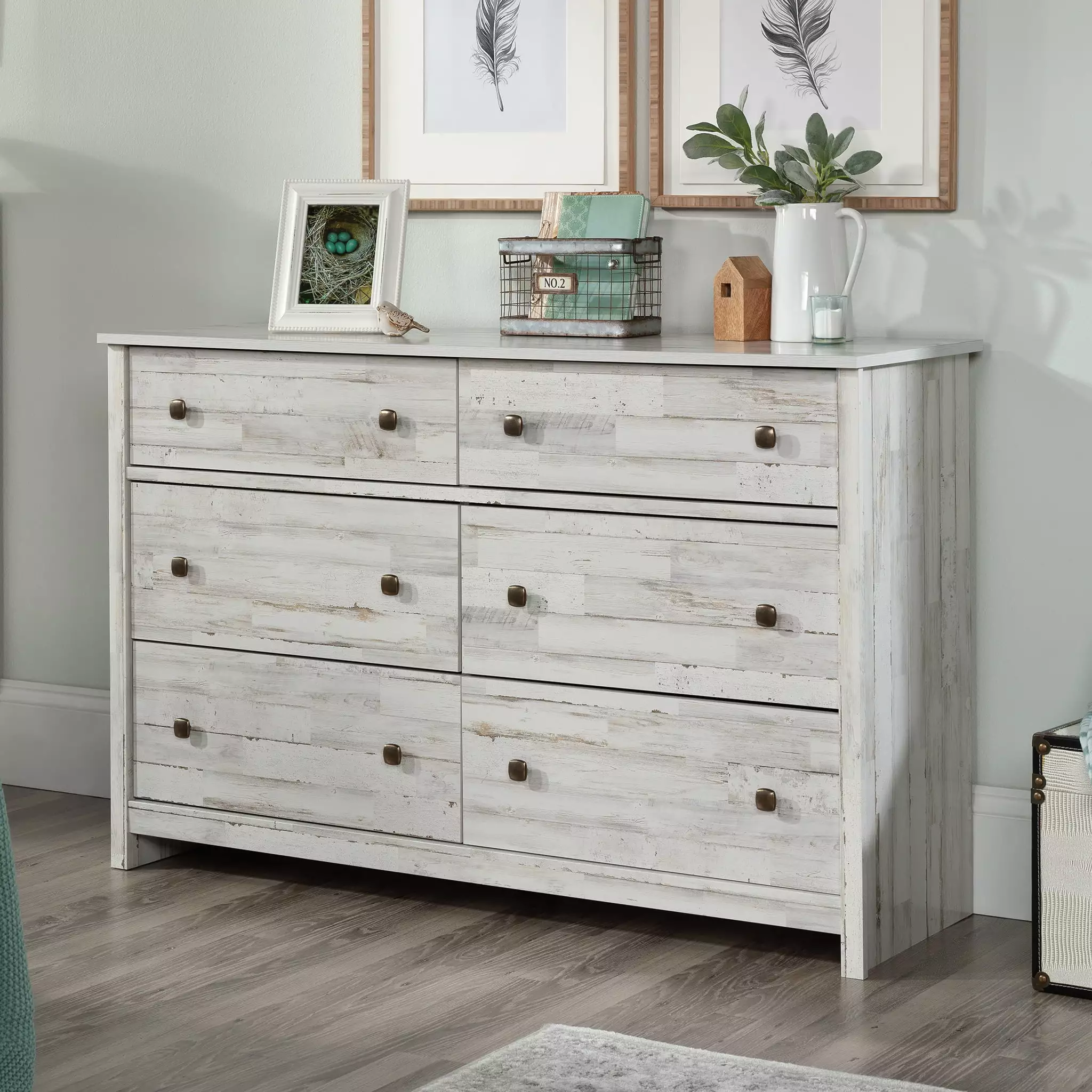 White Plank Finish Sauder River Ranch Rustic 6-Drawer Bedroom Dresser