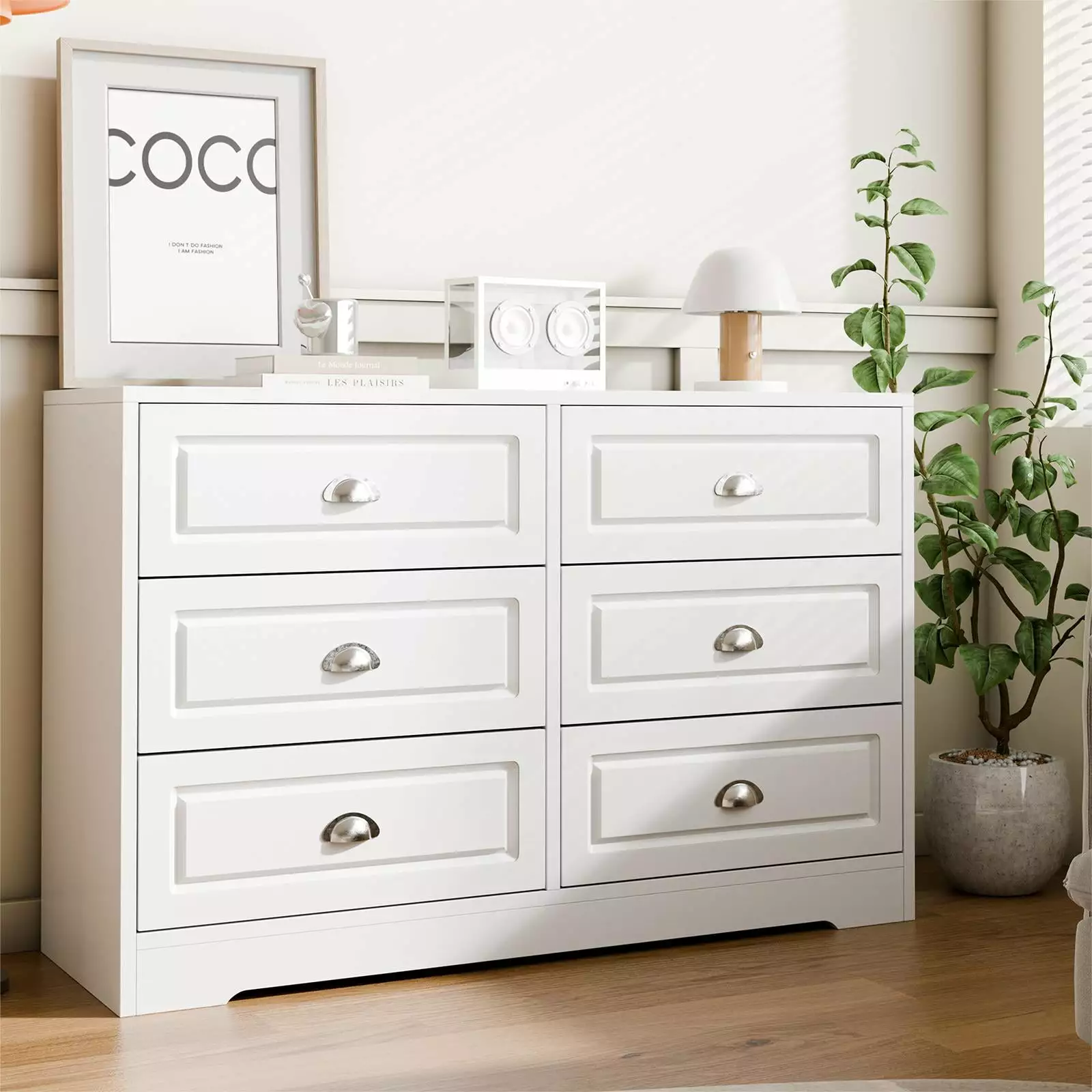 Walsunny 6 Drawer Double Dresser - White Wooden Wide Chest Drawers