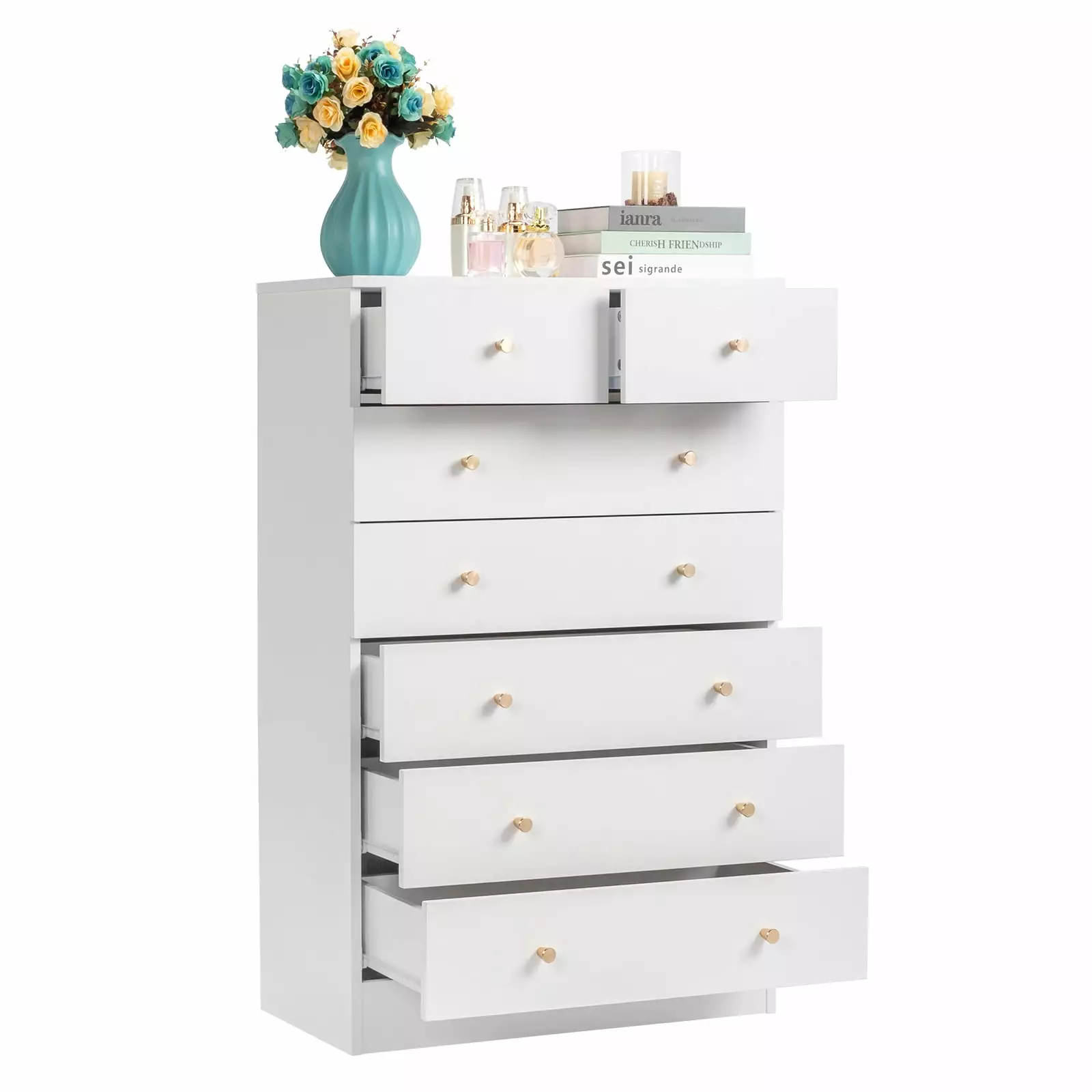 UBesGoo 7 Drawer Wood Dresser Bedroom Chest Drawers Storage Unit White FCH