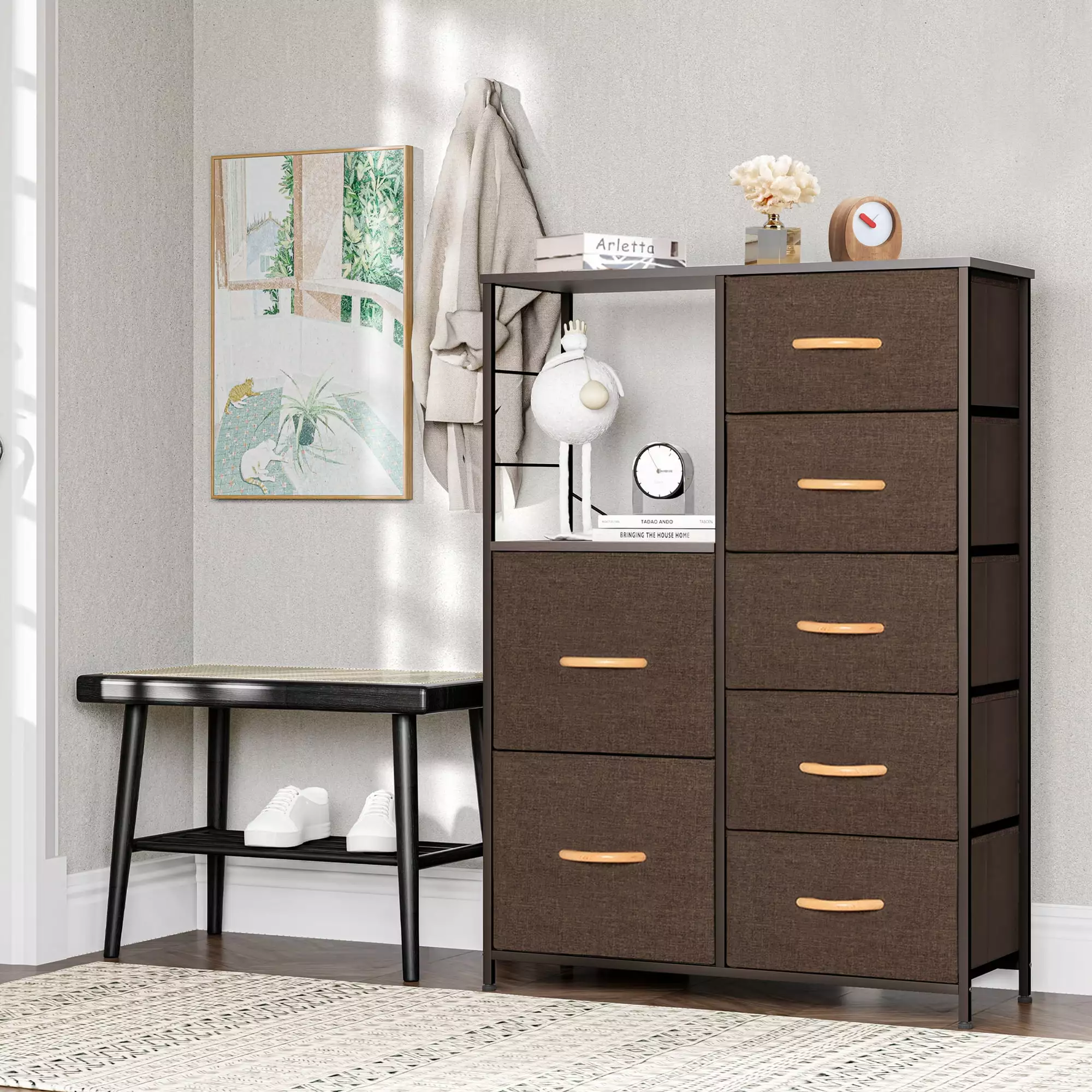 Vredhom 7 Drawer Brown Dresser Vertical Chest Storage Organizer Bedroom Living Room