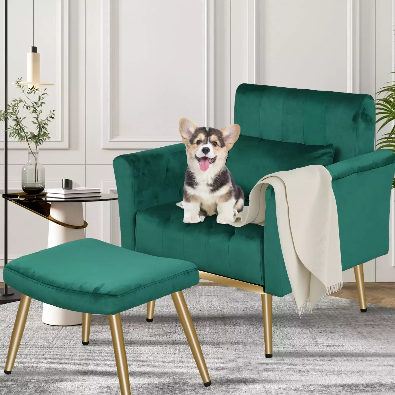 Velvet Accent Chair Ottoman and Pillow Modern Upholstered Recliner Living Room AldawinLe