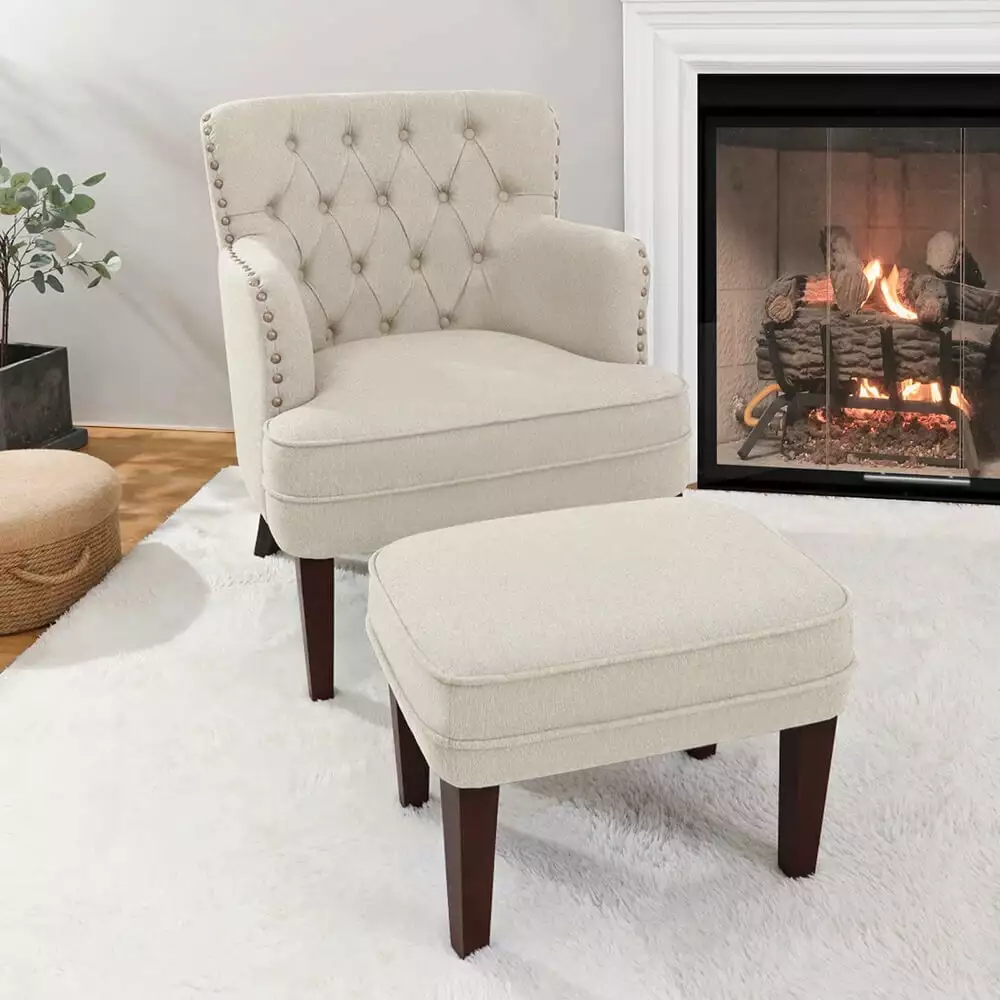 Accent Chair Ottoman 28.4 Inch Wide Tufted Armchair and Ottoman Set Bedroom Living Room Beige None