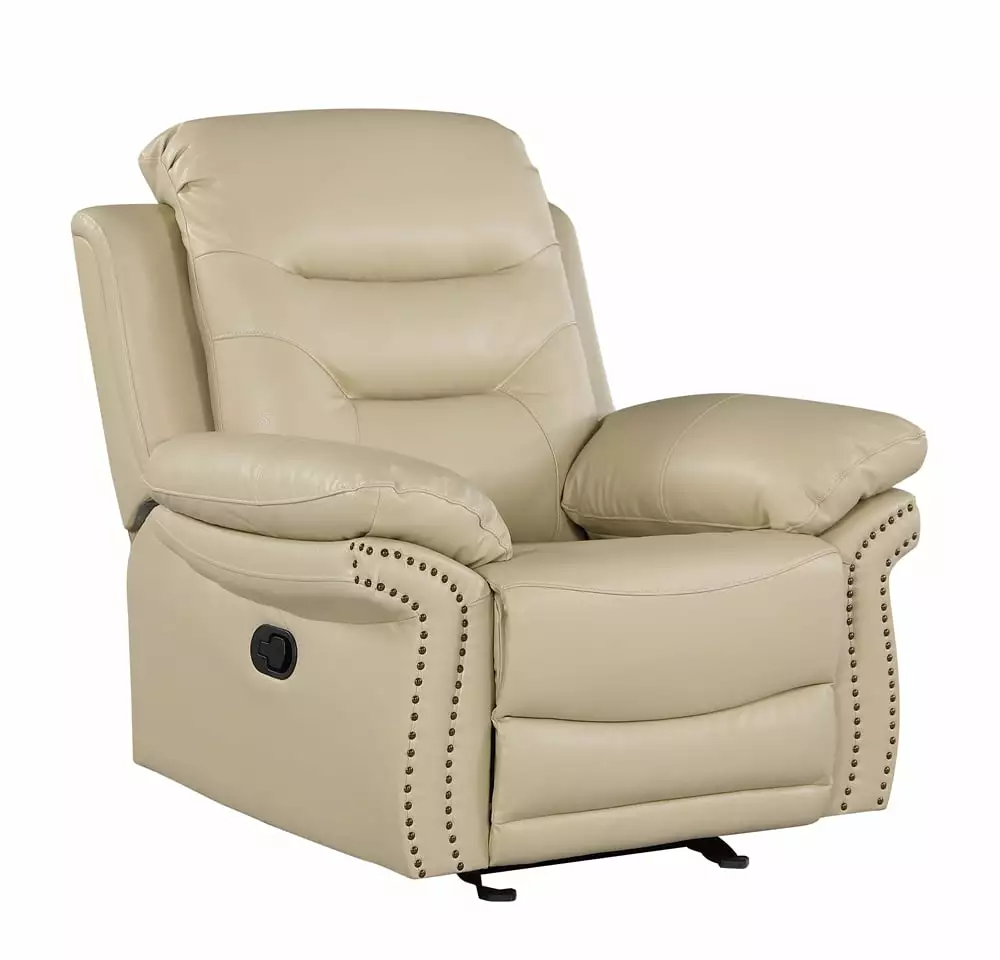 Leather Single Recliner Sofa Adjustable Footrest and Nailhead Trim Beige Triple Tree