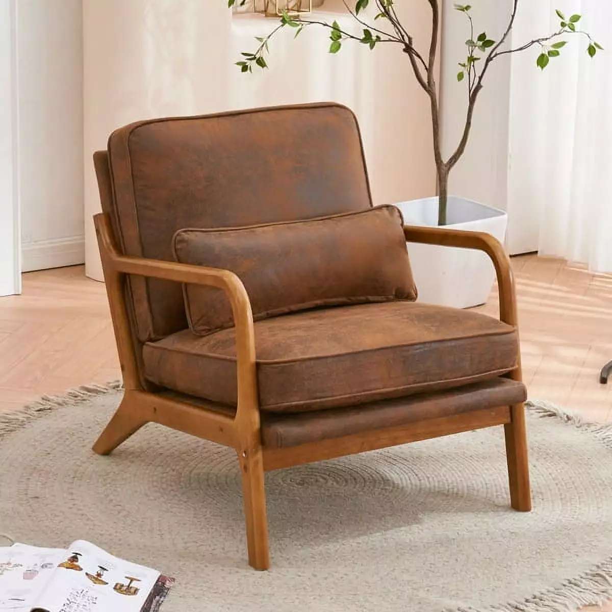 Single Bronzing Cloth Lounge Reading Armchair Solid Wood Frame Mid Century Modern Arm Chair Brown Triple Tree