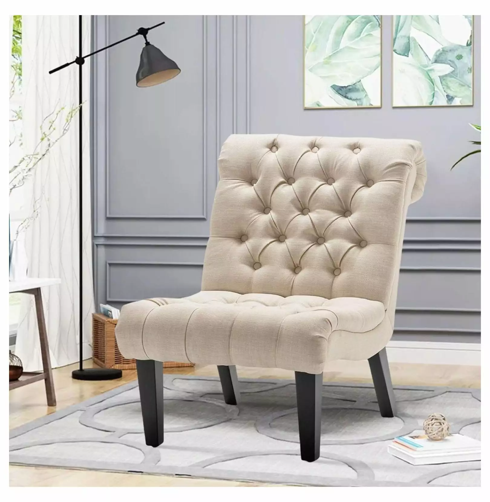 ZHAOTONG Modern Accent Chair Upholstered Tufted Armless Bedroom Chair Ivory Wood Legs