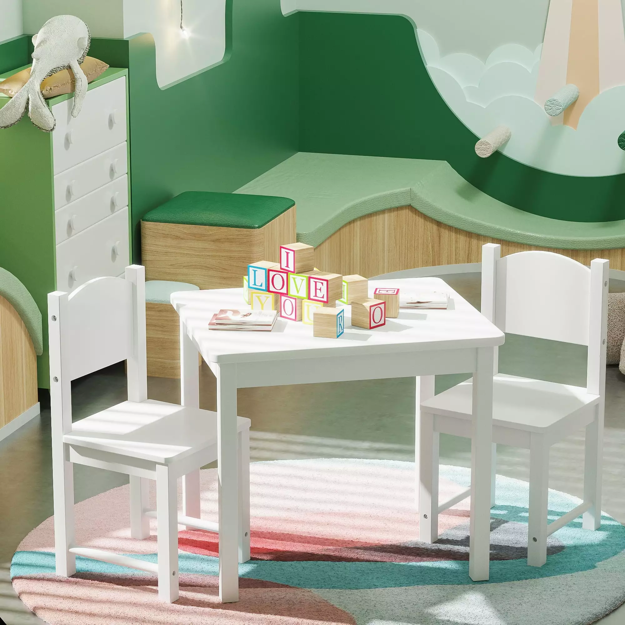 Yoneston Kids Table and 2 Chairs Set White Perfect Arts Crafts Snack Time Homeschooling and Homework