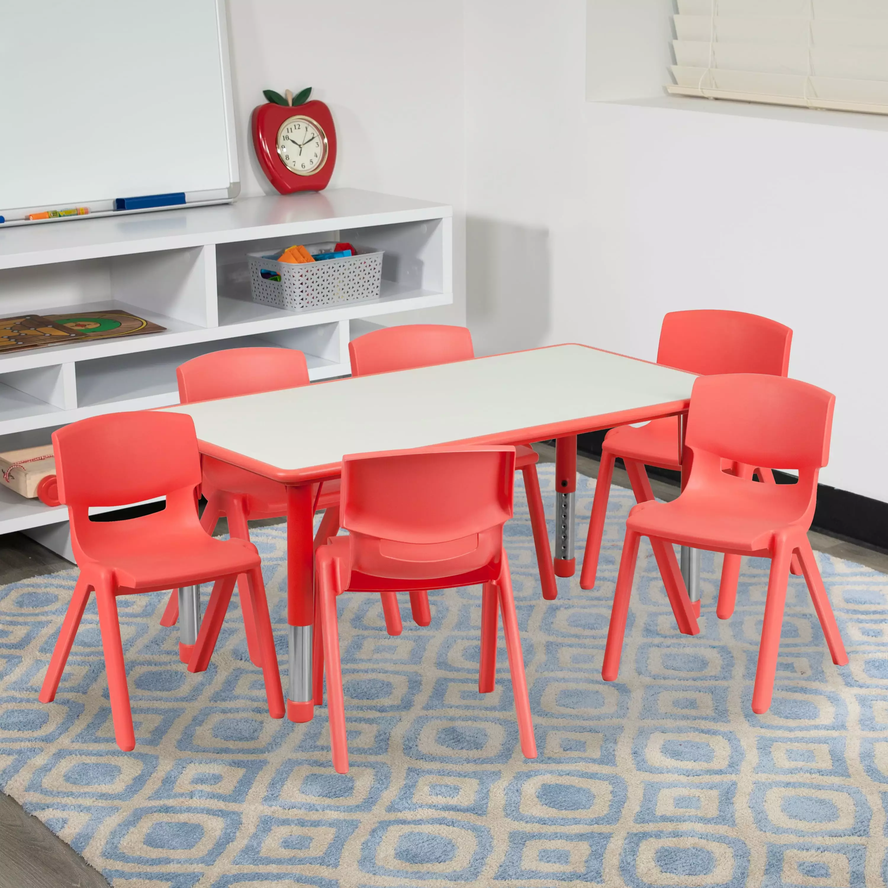 BizChair 23.625x47.25 Rectangular Red Plastic Height Adjustable Activity Table Set 6 Chairs