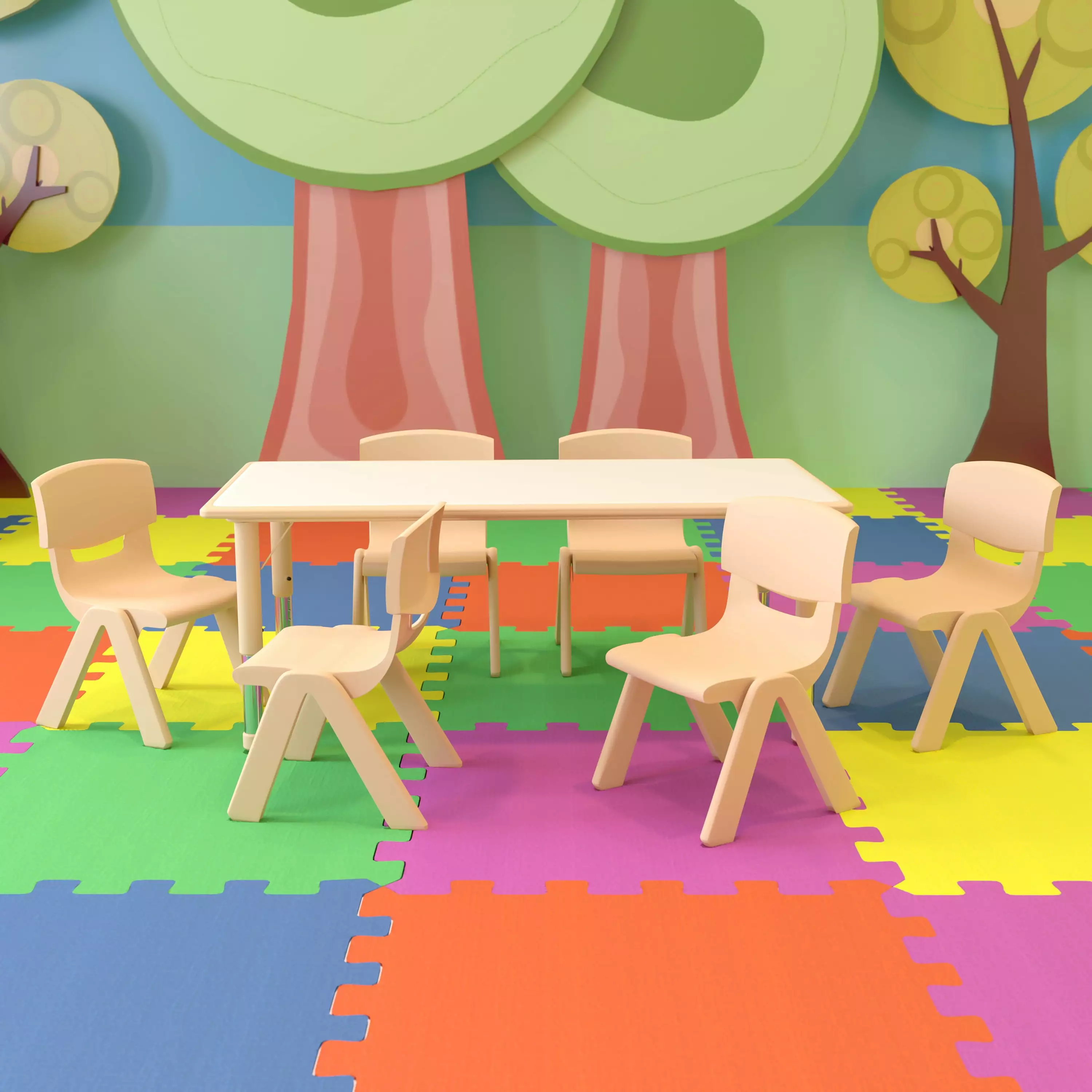 Emma + Oliver 23.625W x 47.25L Rectangle Natural Plastic Activity Table Set 6 Chairs Kids EMMA   OLIVER