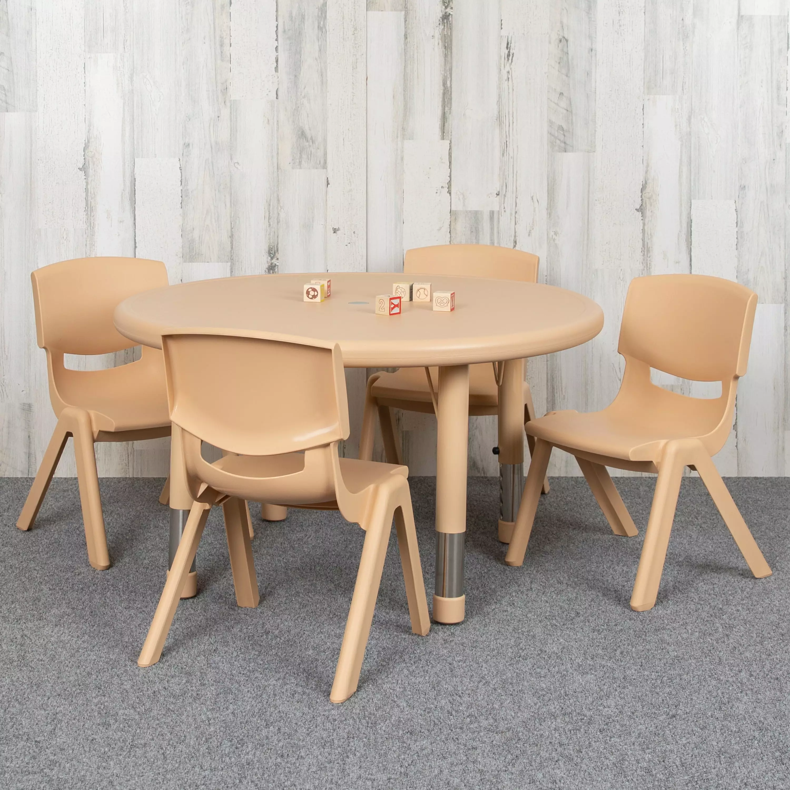 Emma + Oliver 33 Round Natural Plastic Height Adjustable Activity Table Set 4 Chairs Kids EMMA   OLIVER