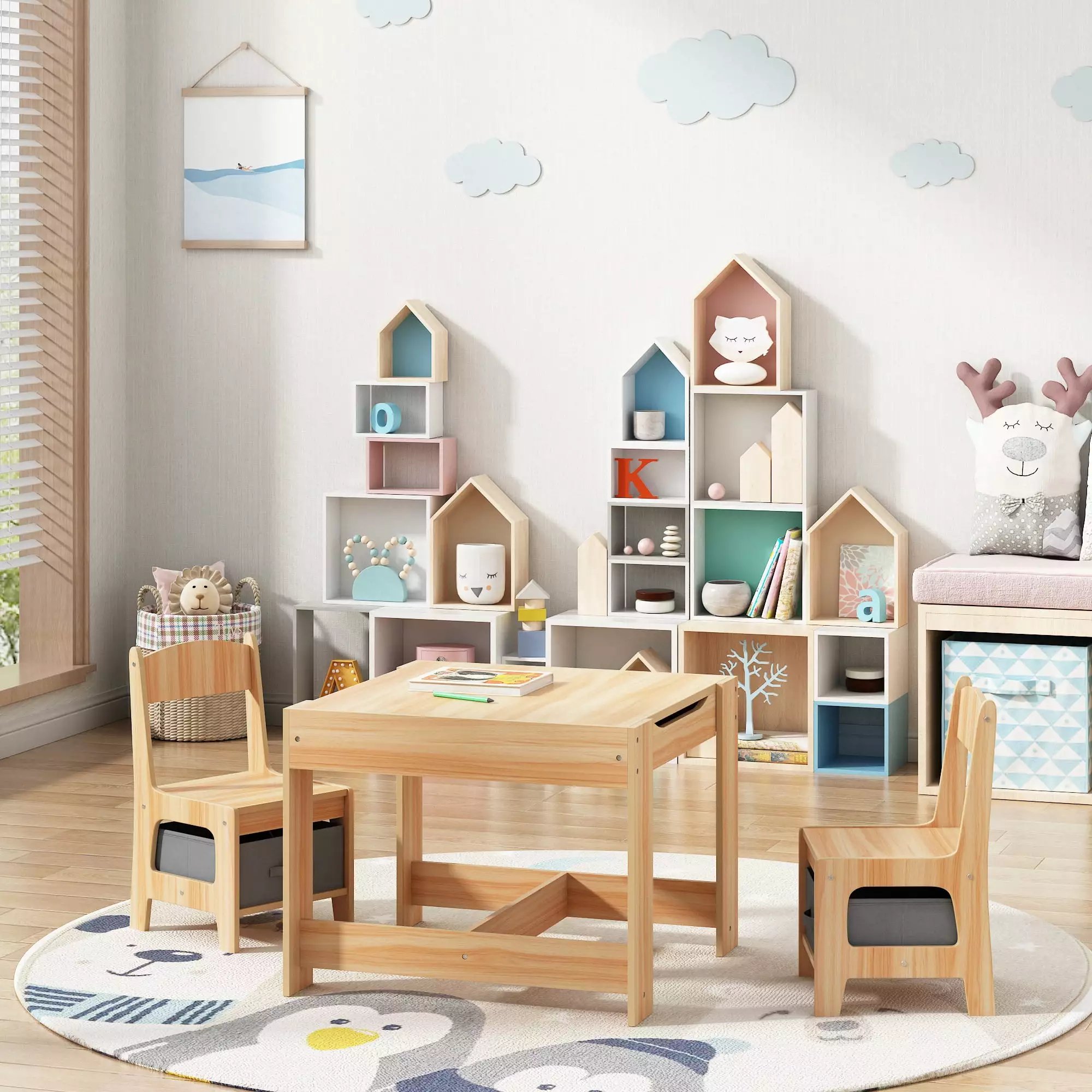 TOBBI 3--1 Wood Kids Table and 2 Chairs Set - Children Activity Desk Storage Drawer and Box