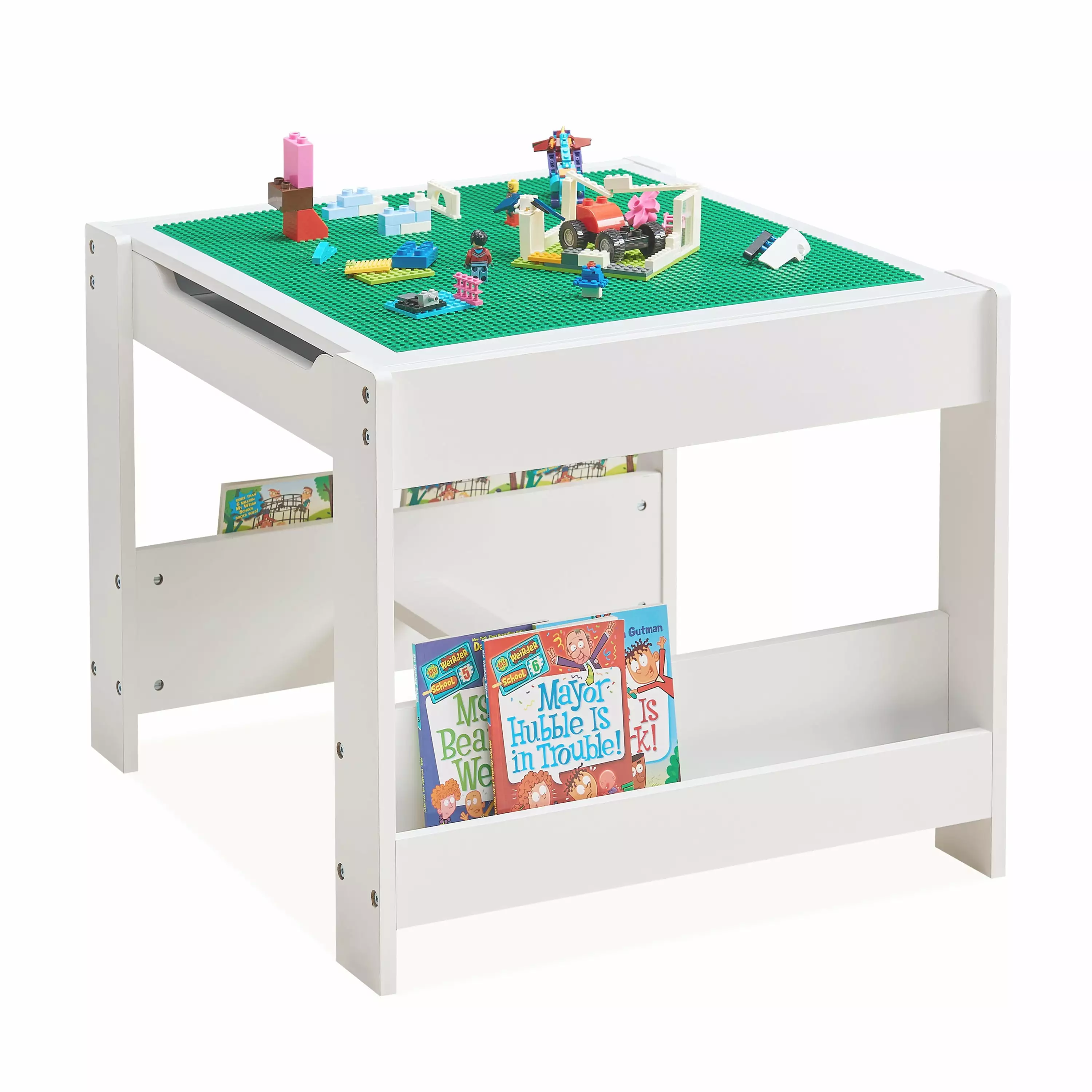 4 1 Kids Wooden Activity Table Bookshelves - Detachable Tabletop Drawing, Reading, and Crafts Toymate