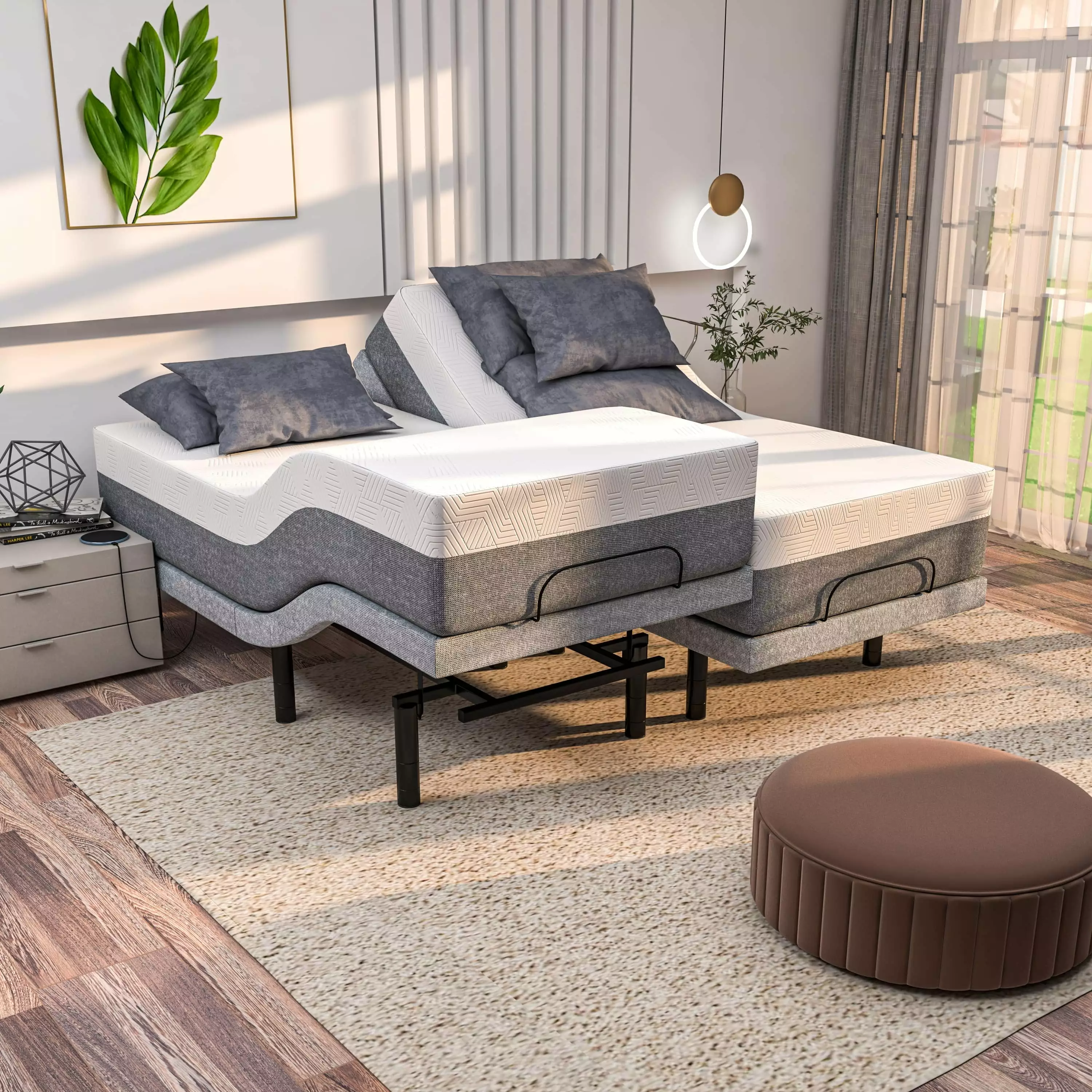 Renanim Split King Adjustable Bed Frame Mattress 12 Luxury Cooling Gel Memory Mattress Dual Electric Massage USB Under Bed...