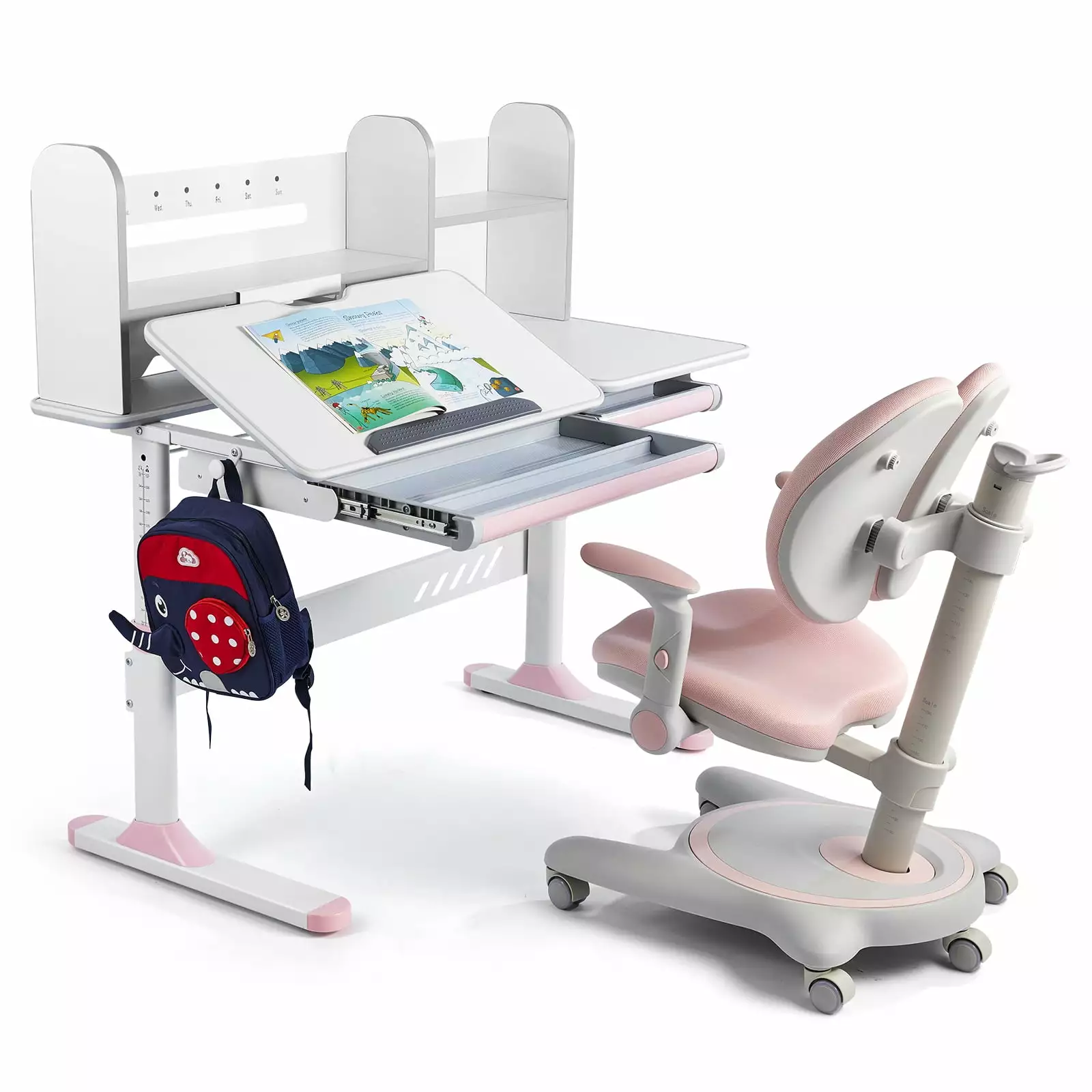 COSVALVE Adjustable Kids Desk and Chair Set Hutch Multifunction Ergonomic Study Table 2 Storage Drawers Pink