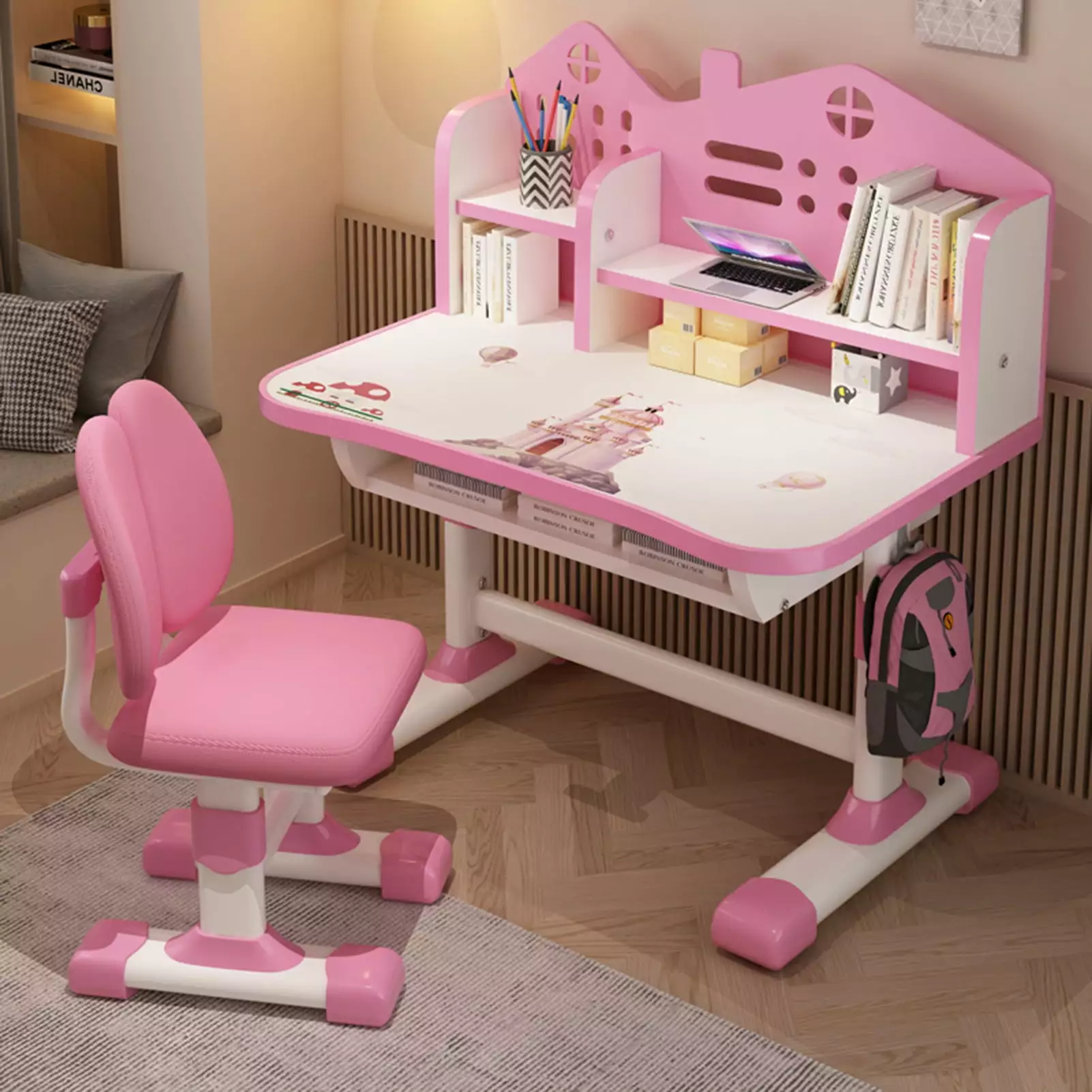 Fogcroll Kids Desk and Chair Set Height Adjustable Study Desk Widened Desktop Bookstand LED Lamp Storage Drawer
