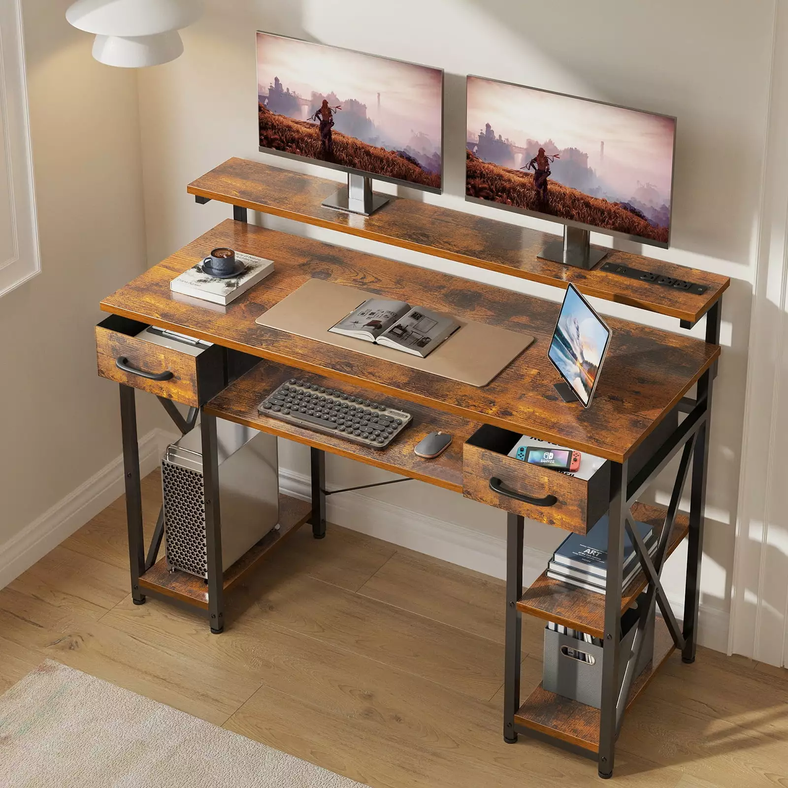 KKL 48 Inch Height Adjustable Home Office Desk USB Charging Port Keyboard Tray Writing Desk Drawers