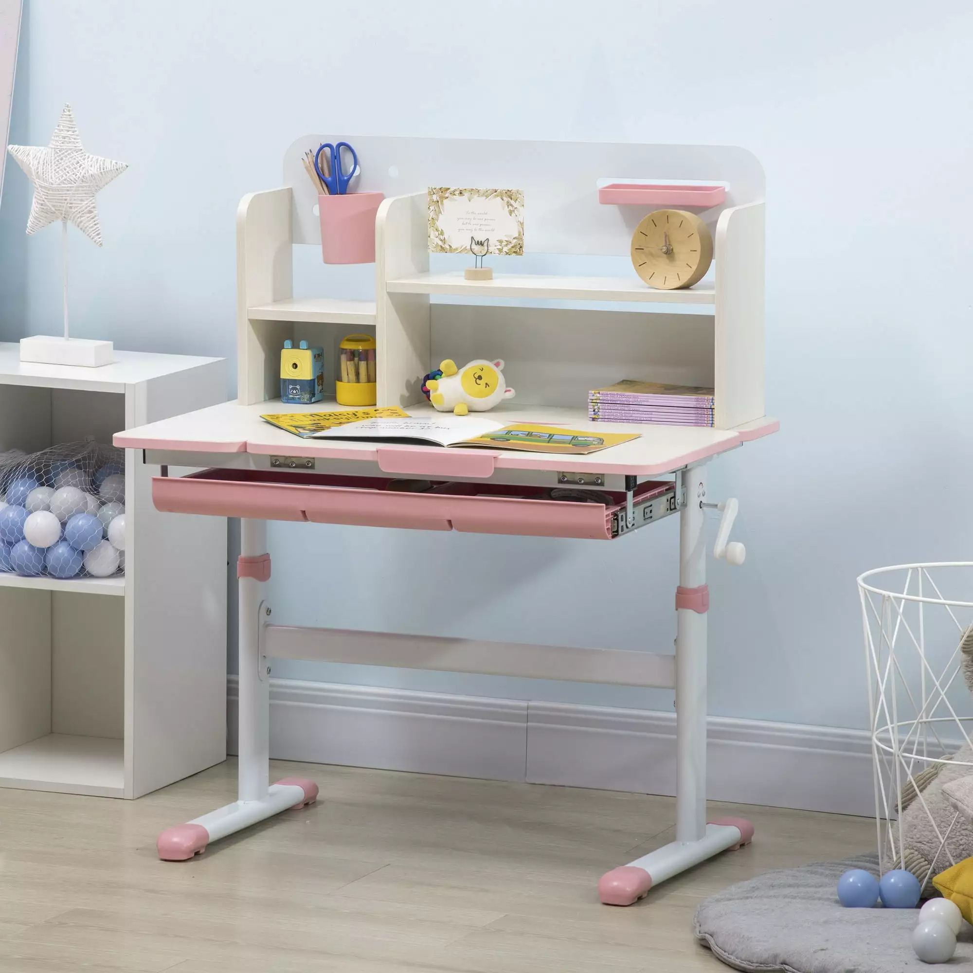 Qaba Lift-Top Height Adjustable Desk Kids Homework Desk Workstation Pink