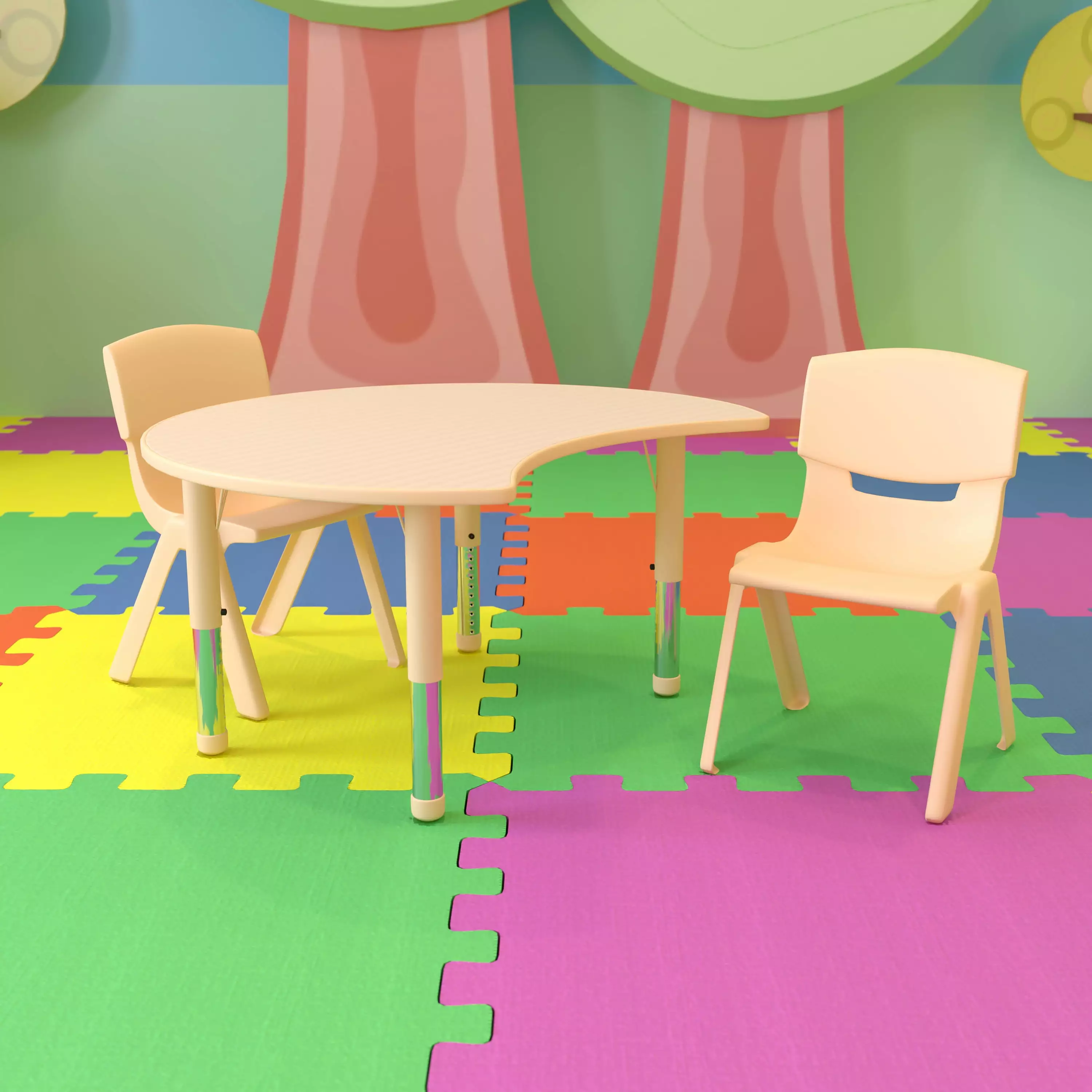 Emma + Oliver 25.125W x 35.5L Crescent Natural Plastic Adjustable Kids Table Set 2 Chairs EMMA   OLIVER