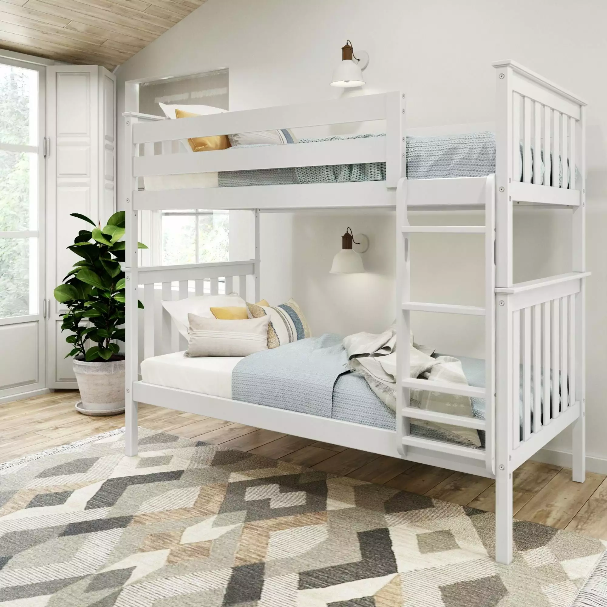 Plank Beam Wooden Twin over Twin Bunk Bed Ladder Adults Easy to Assemble No Box Spring Needed White