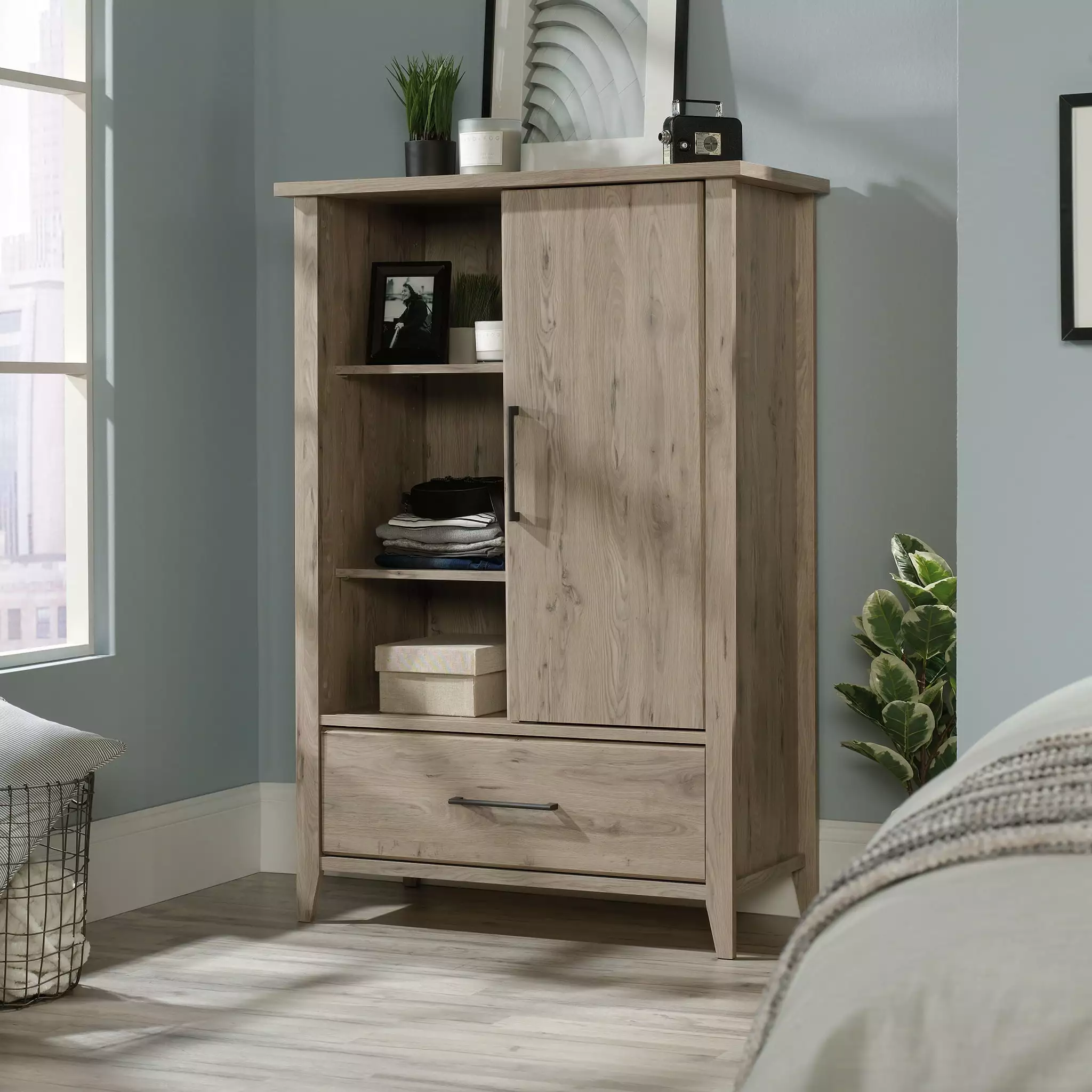 Sauder Summit Station Wood Armoire Door Drawer and Cubbies - Laurel Oak Finish