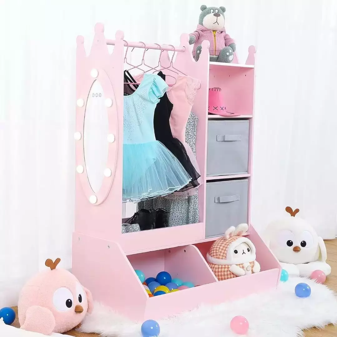 Dress Up Storage Light and Mirror - Open Hanging Armoire Closet Girls Kids - Pink CuisinSmart
