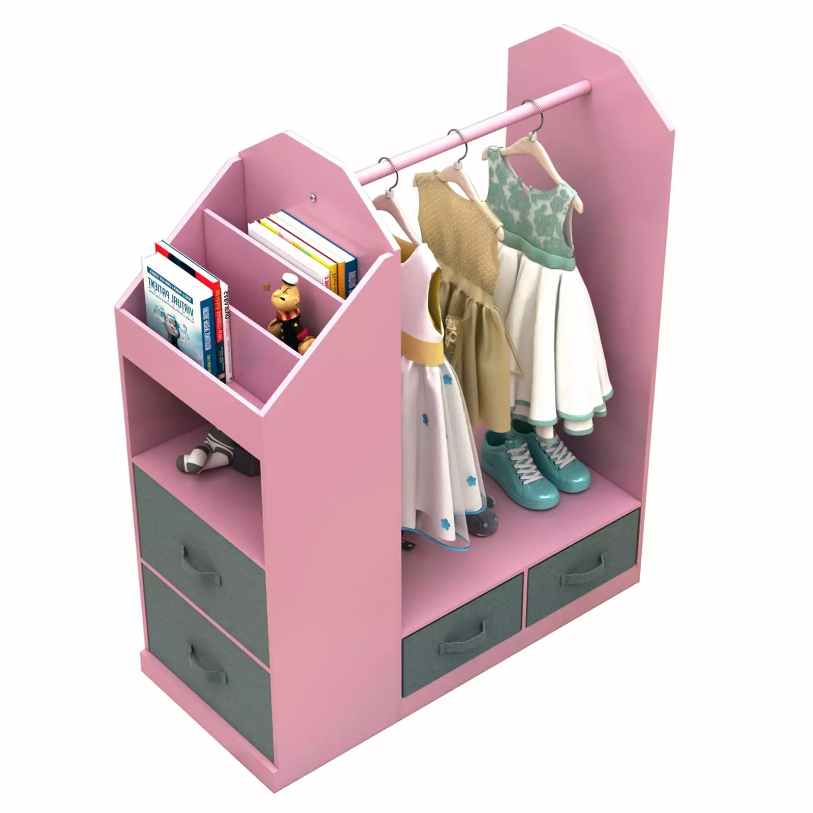 EasingRoom Kids Armoire Dress Up Closet Mirror Toy Storage Bookshelves 4 Drawers Pink