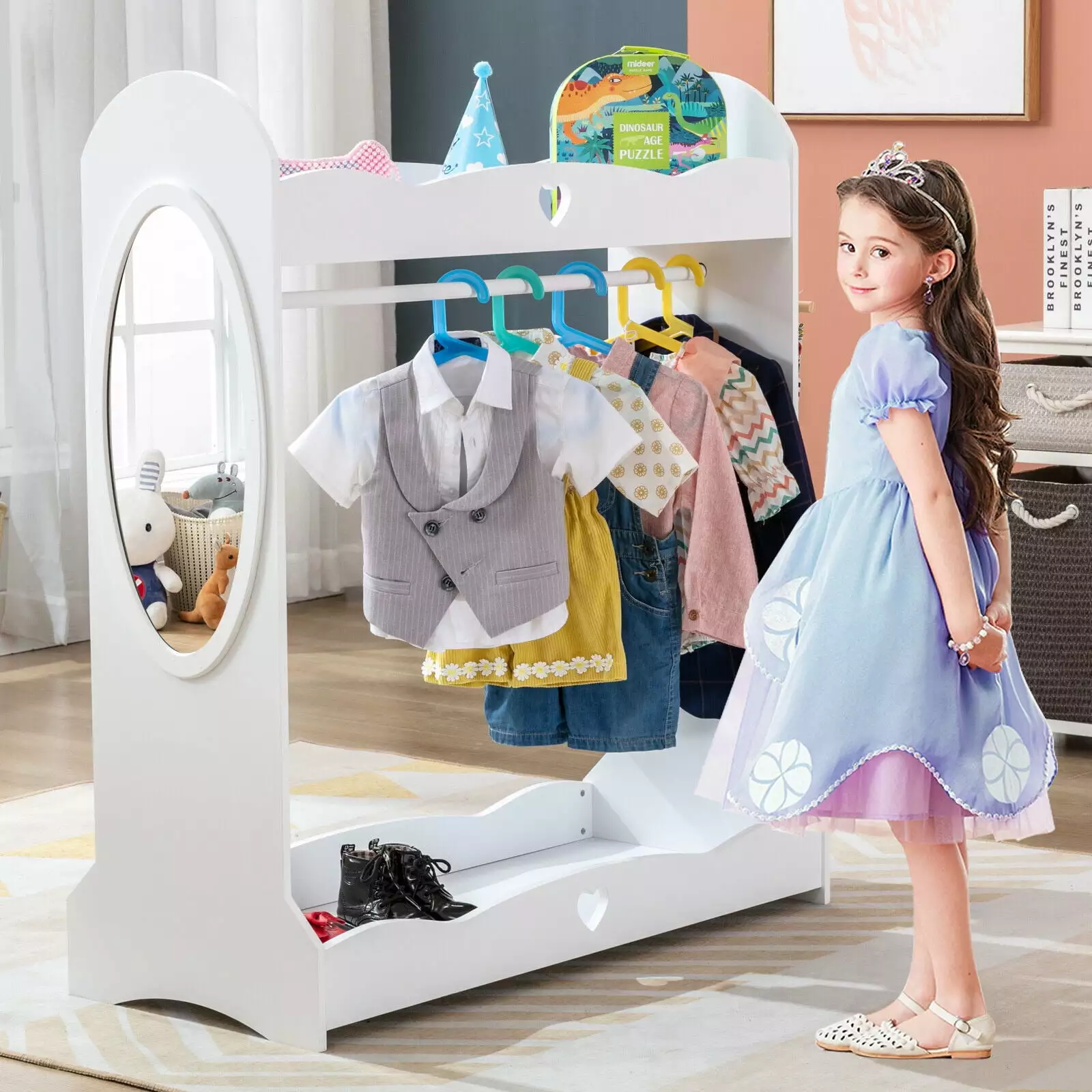 Kids Dress Up Storage Girls Armoire Bedroom Closet Mirror Side Pocket Storage White Joyldias