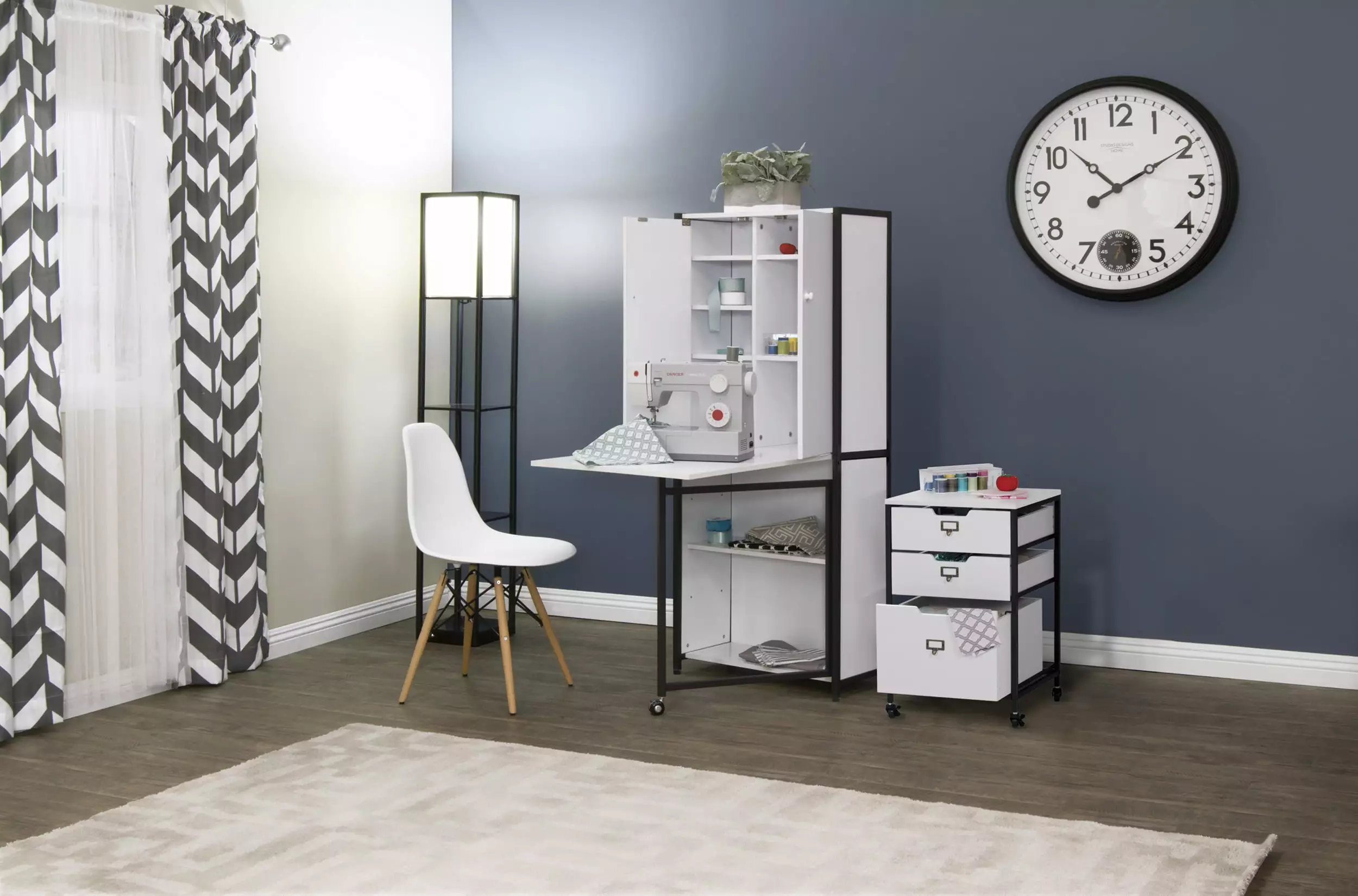 Multipurpose Armoire 58.75 Tall Folding Top Craft Sewing Office or Home White Black Sew Ready