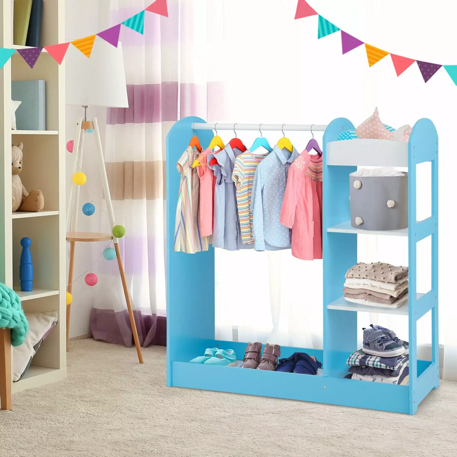 FONIRRA Kids Dress Up Storage Hanging Armoire Mirror and Shelves Blue Clothing Organizer Vicamelia