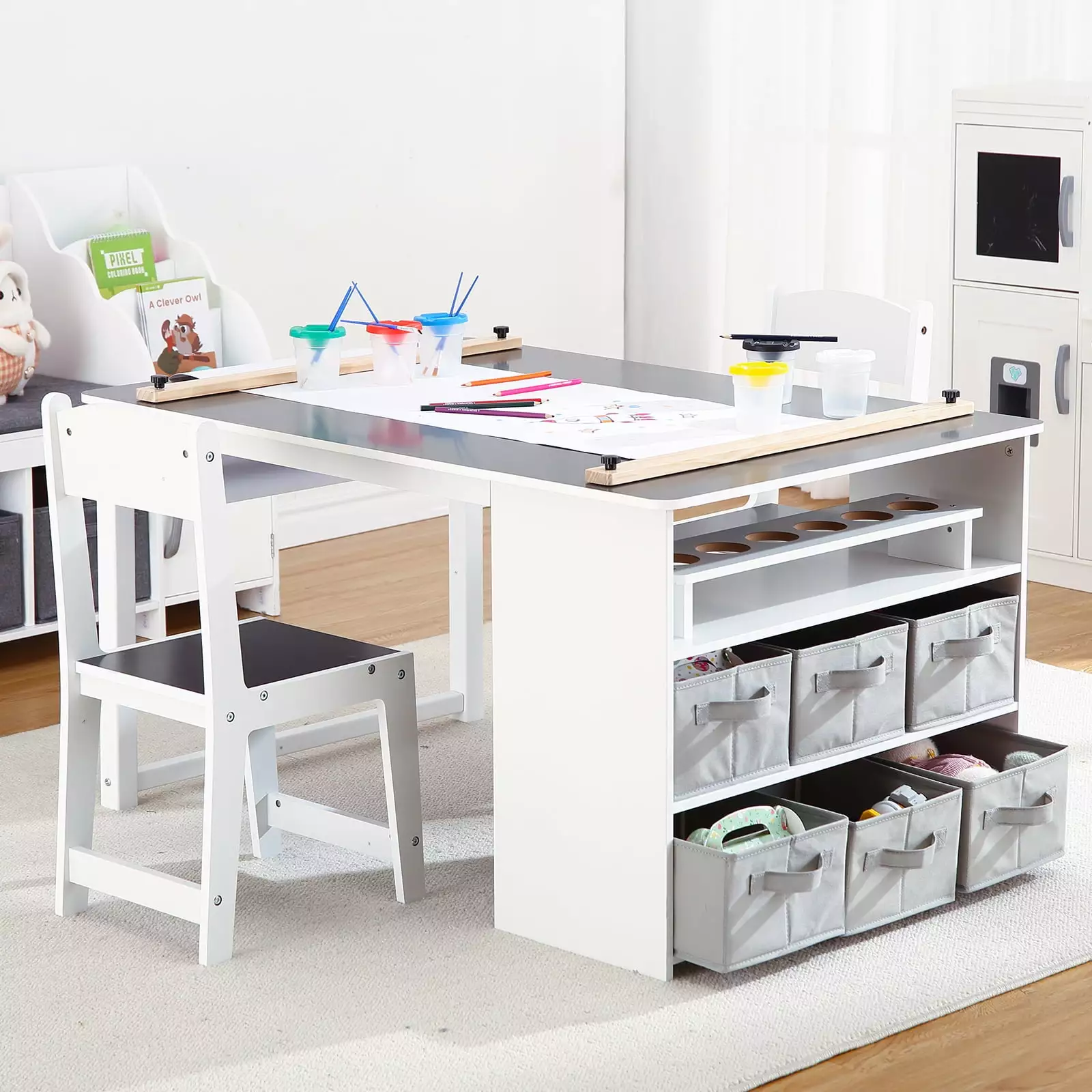 Kids Art Table and 2 Chairs - Wooden Craft Desk Large Storage and Travel-Friendly Art Supply Organizer Dragonpad USA
