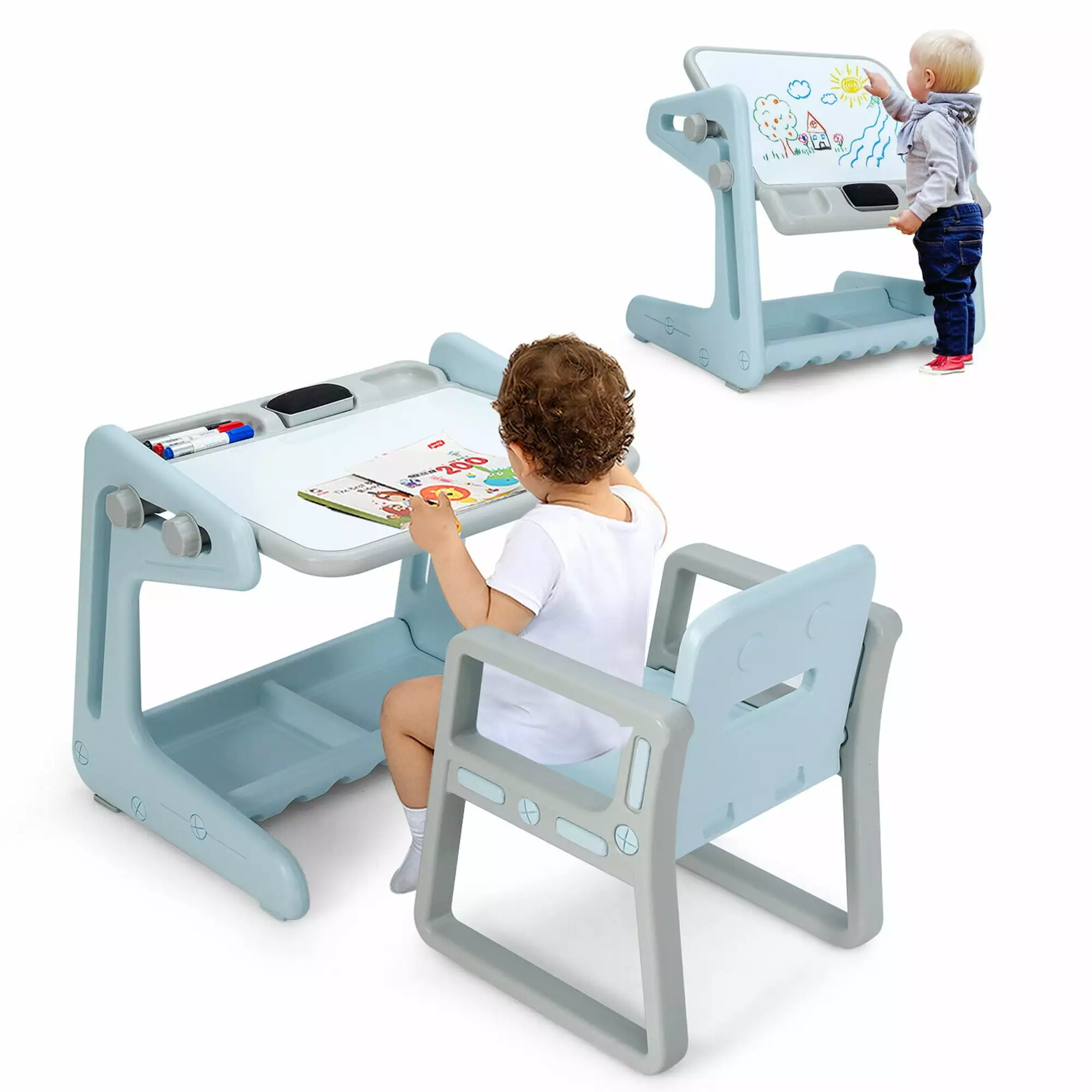 Gymax 2 1 Kids Easel Table & Chair Set Adjustable Art Painting Board Blue