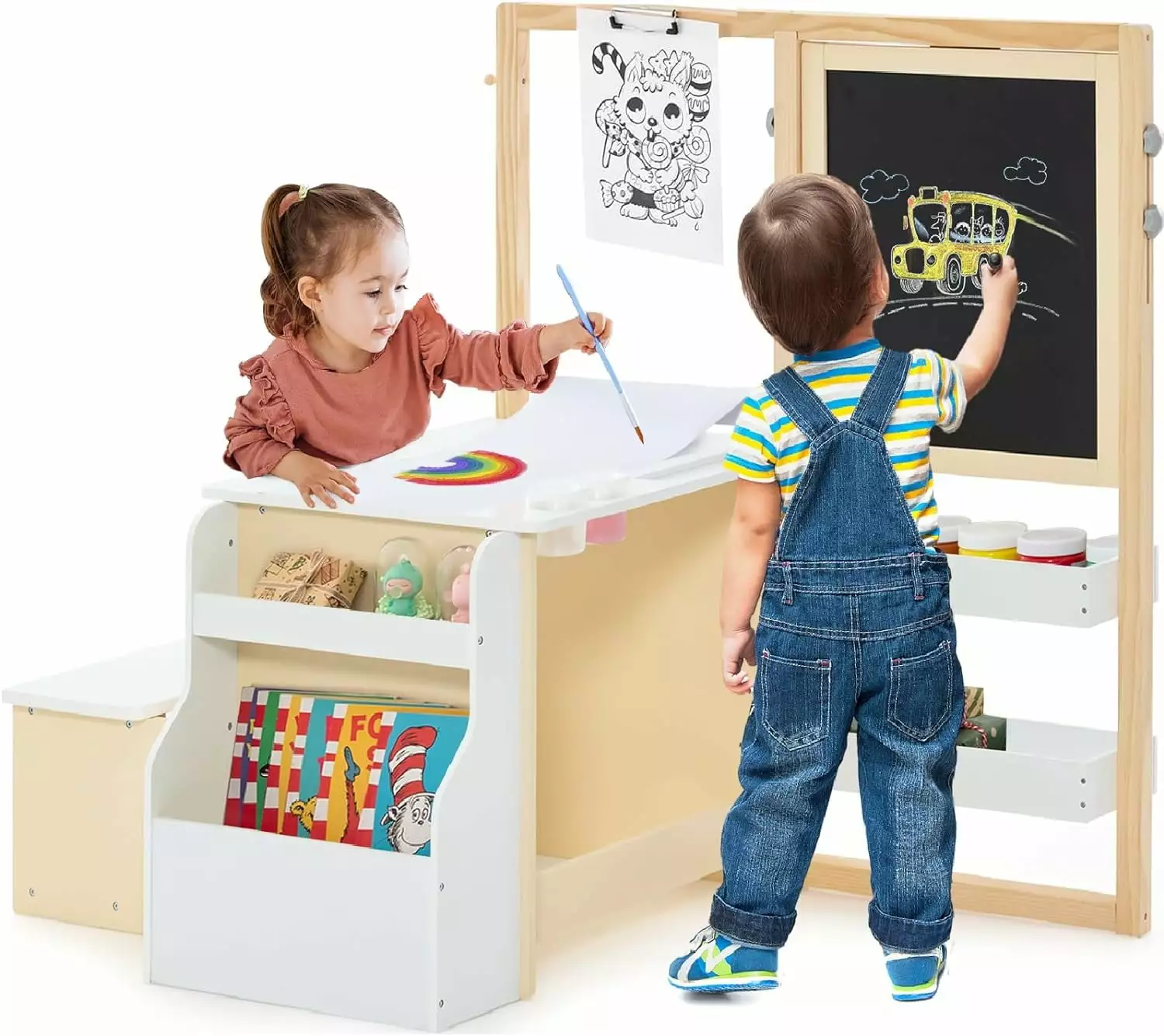 INFANS Kids Art Table and Chair Set 3 1 Toddler Craft Desk Easel Paper Roll
