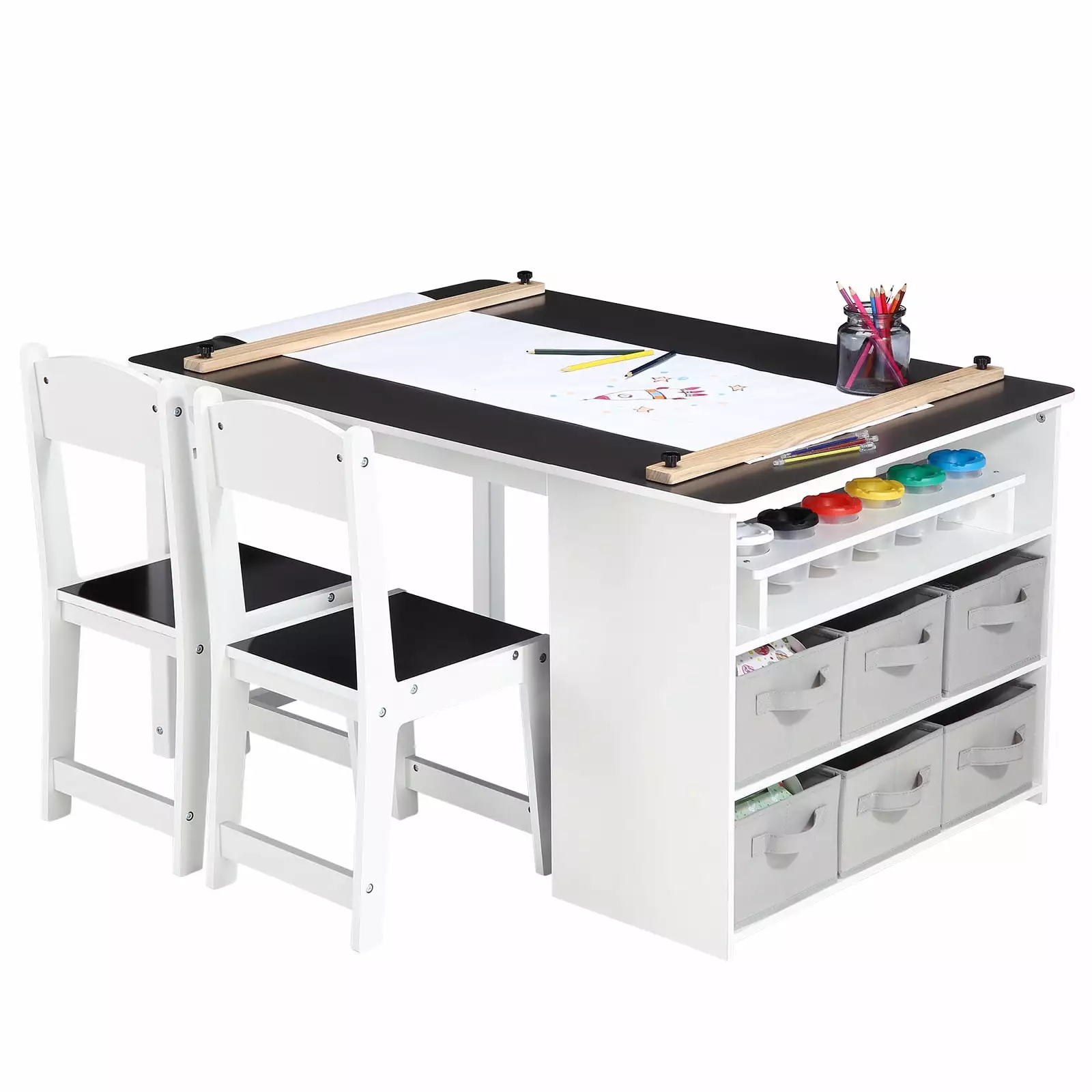 Kids Art Table and 2 Chairs Toddler Craft and Play Wood Activity Table Storage Bins Drawing Desk Meiyiu