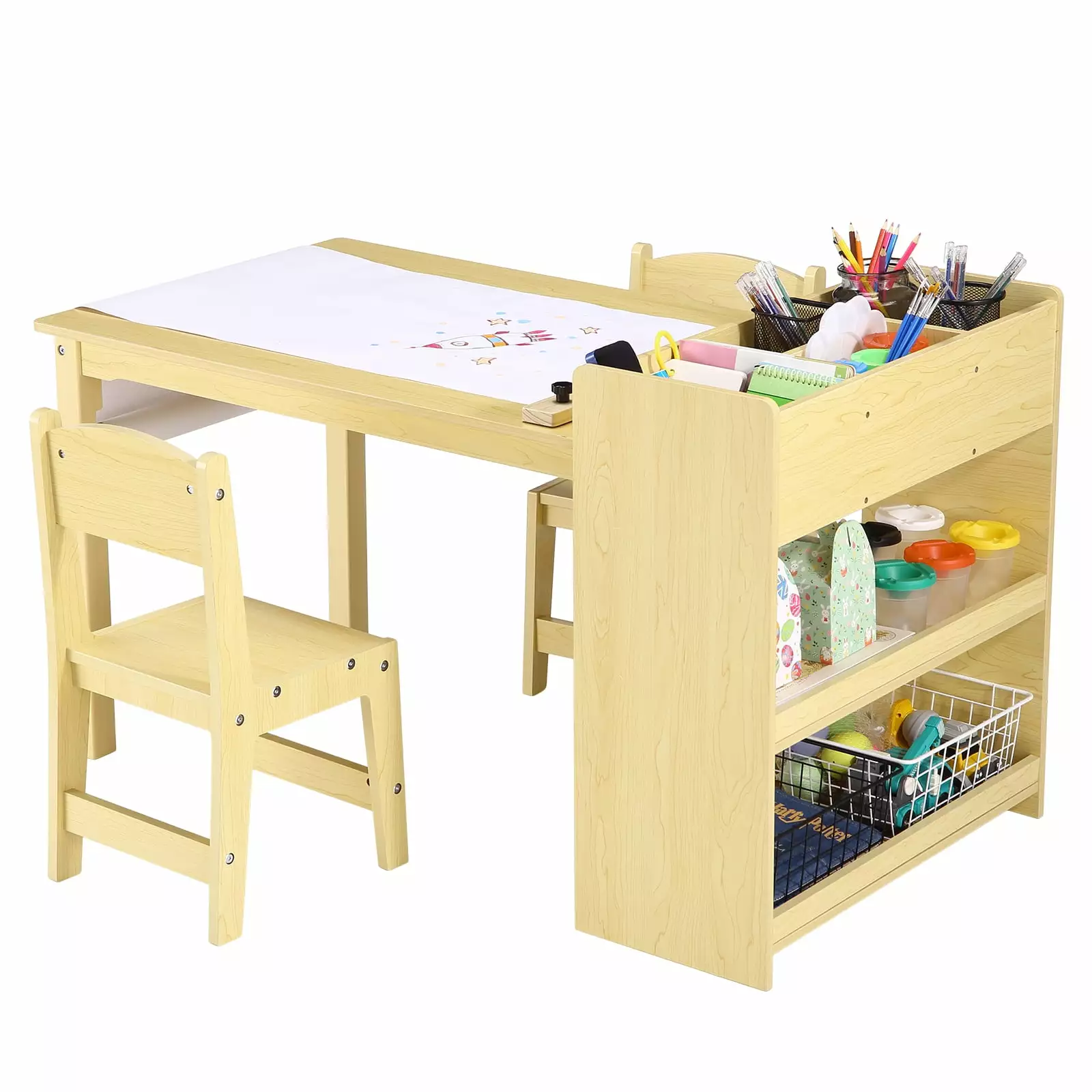 Kids Art Table and 2 Chairs Craft Table Large Storage Shelves Toddler Wooden Drawing Desk strundghti