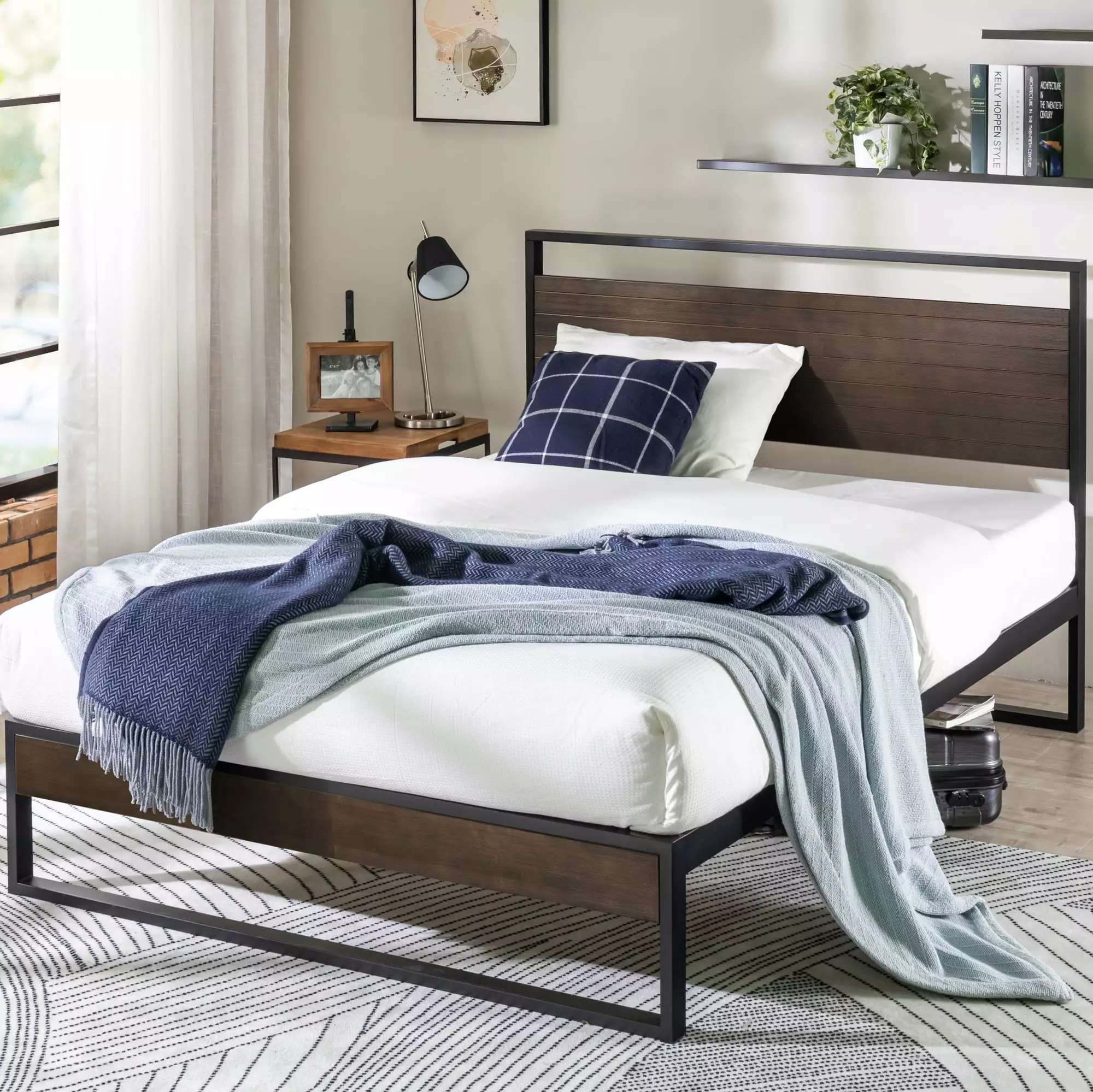 Zinus Suzanne 44 Bamboo and Metal Platform Bed Frame Headboard Grey Wash Twin Size