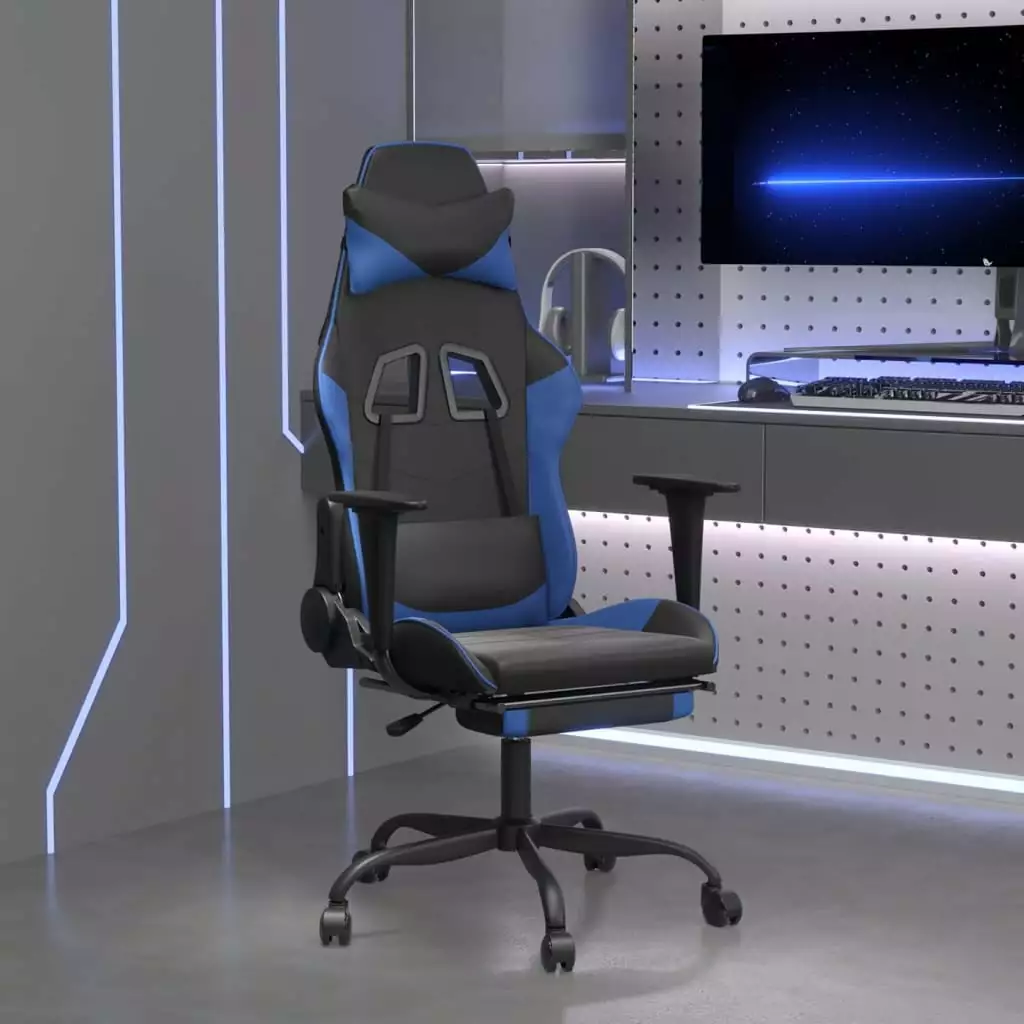 vidaXL Gaming Chair Footrest Black and Blue Faux Leather