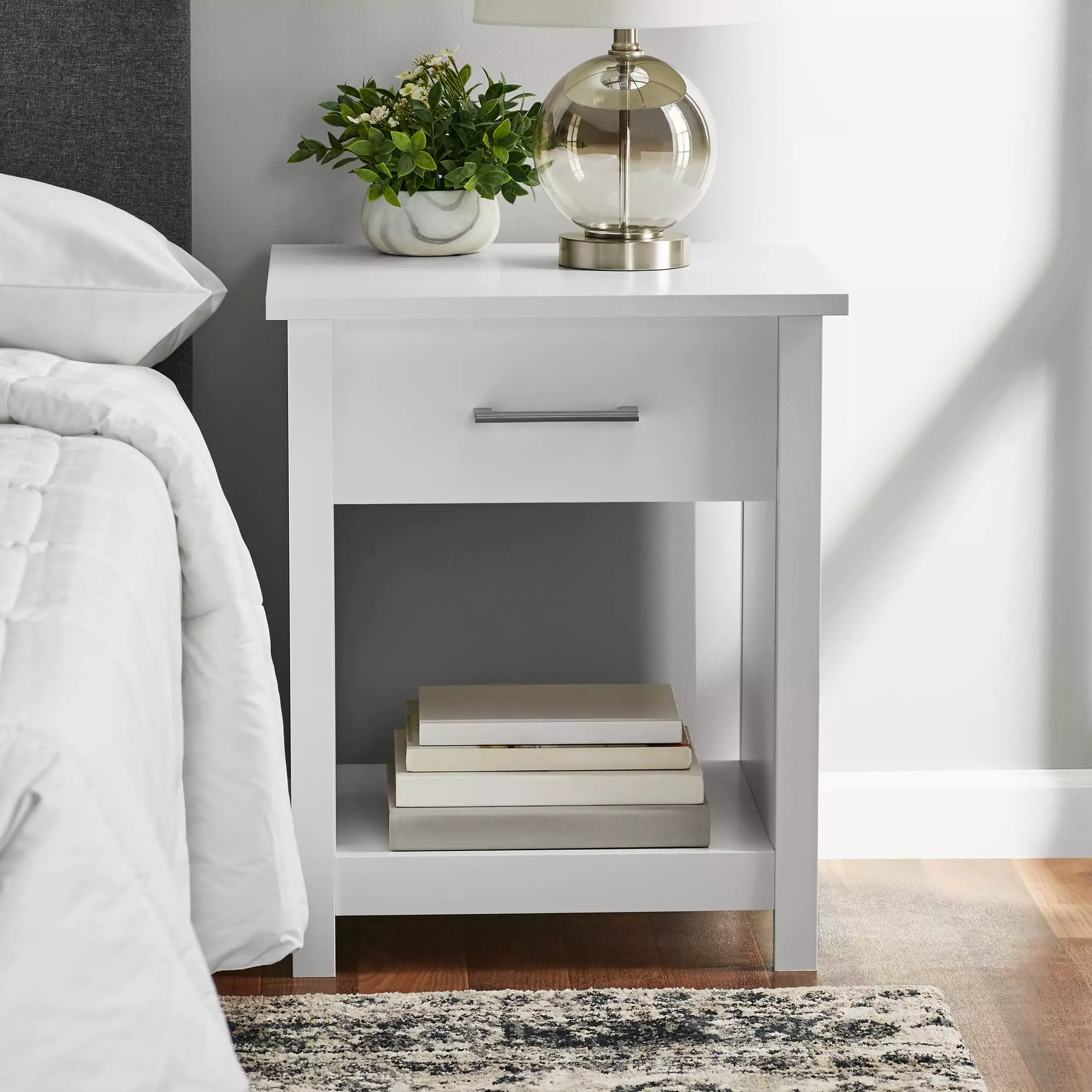 Mainstays Hillside Nightstand Drawer White Finish Compact Bedside Table