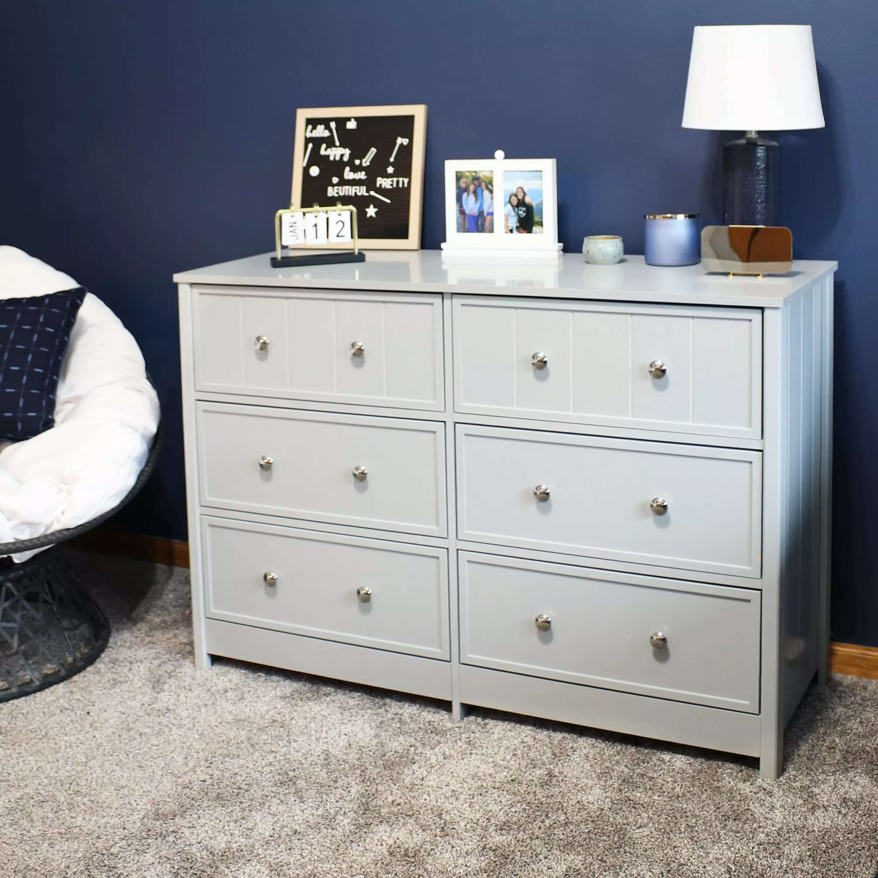Sunnydaze Beadboard Double Dresser 6 Drawers Gray 31.5 Inch Bedroom Living Room Sunnydaze Decor
