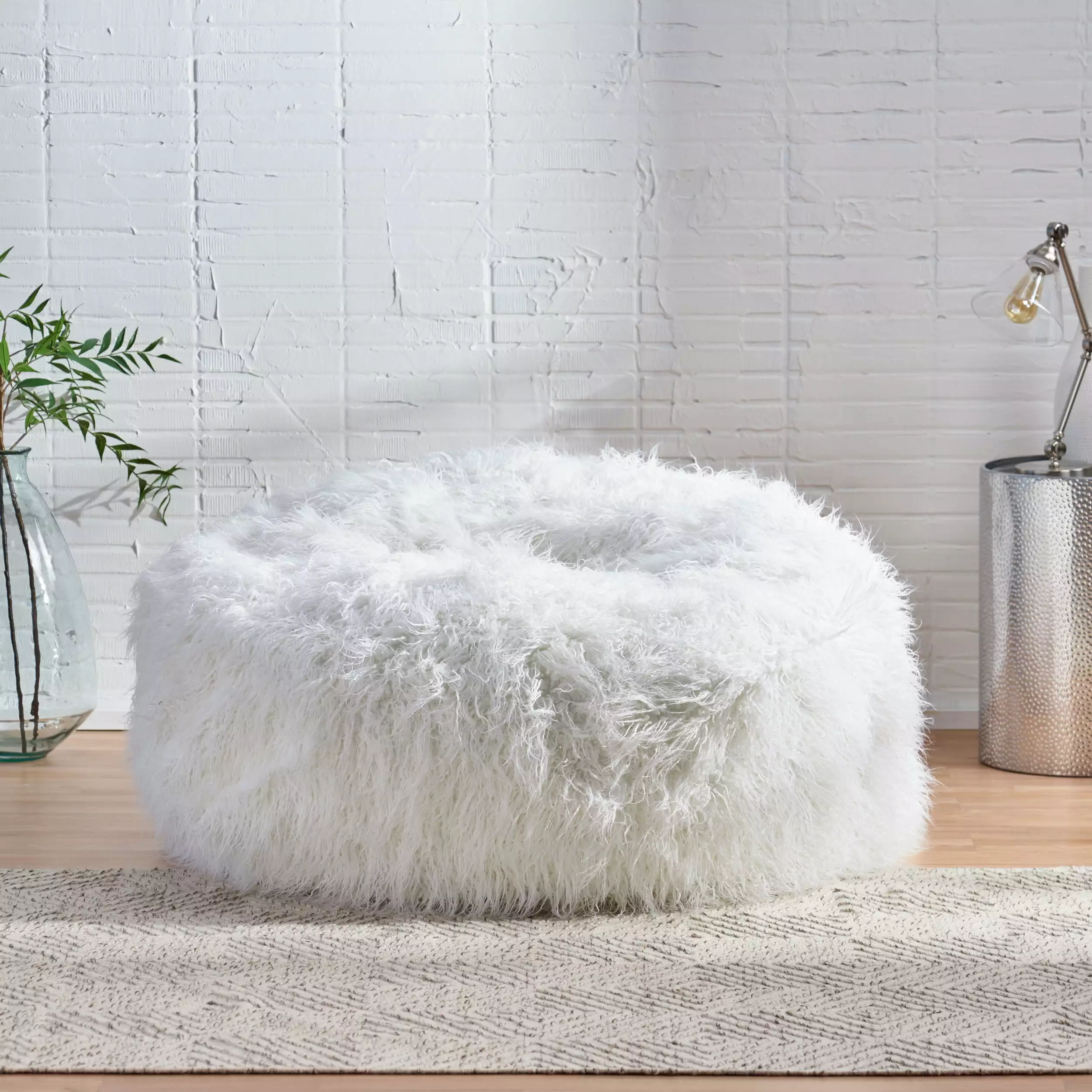 Noble Houtilize Rubani Faux Furry Bean Bag Chair White Noble House