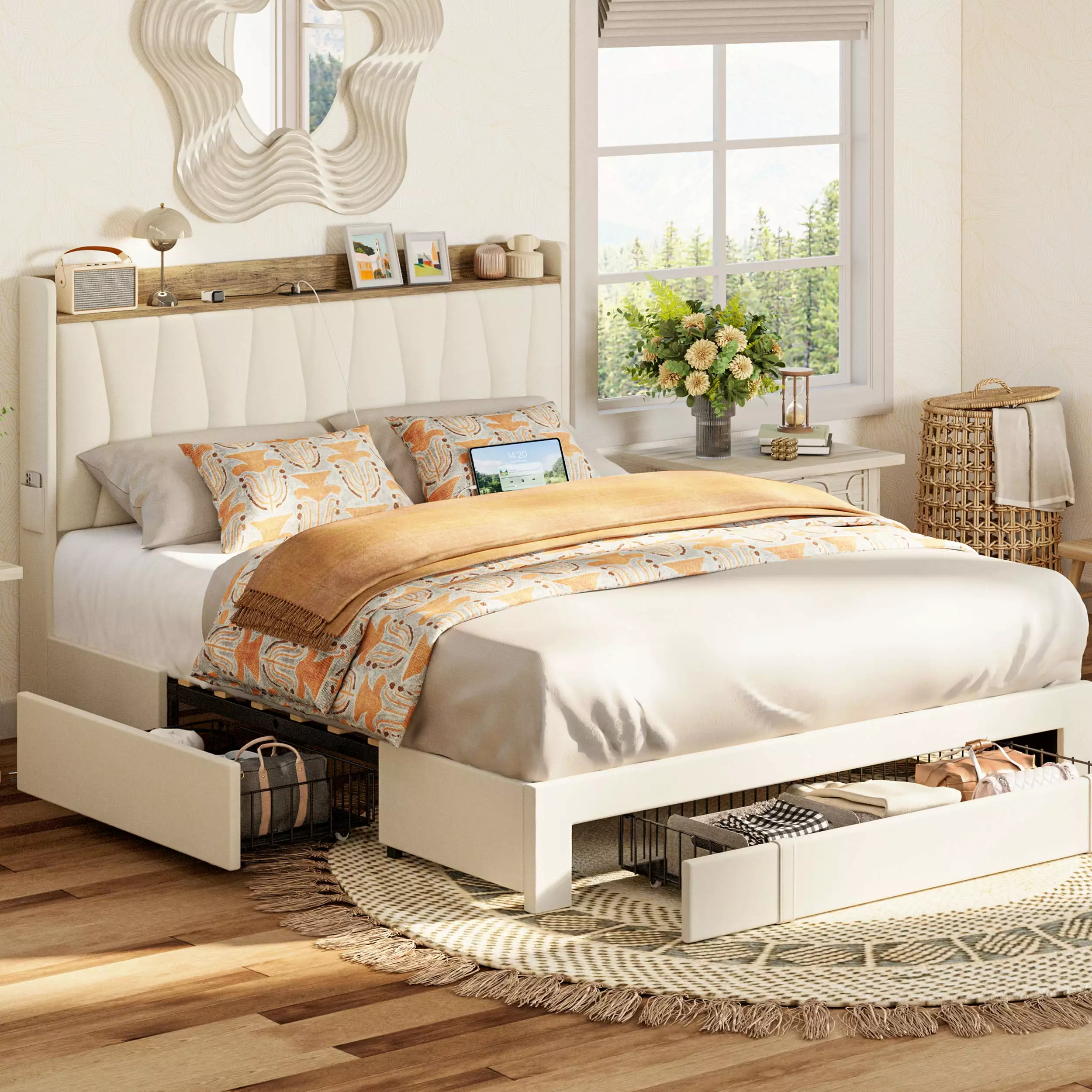 ANCTOR Queen Bed Frame Upholstered Storage Headboard Adult 3 Drawers Charging Station