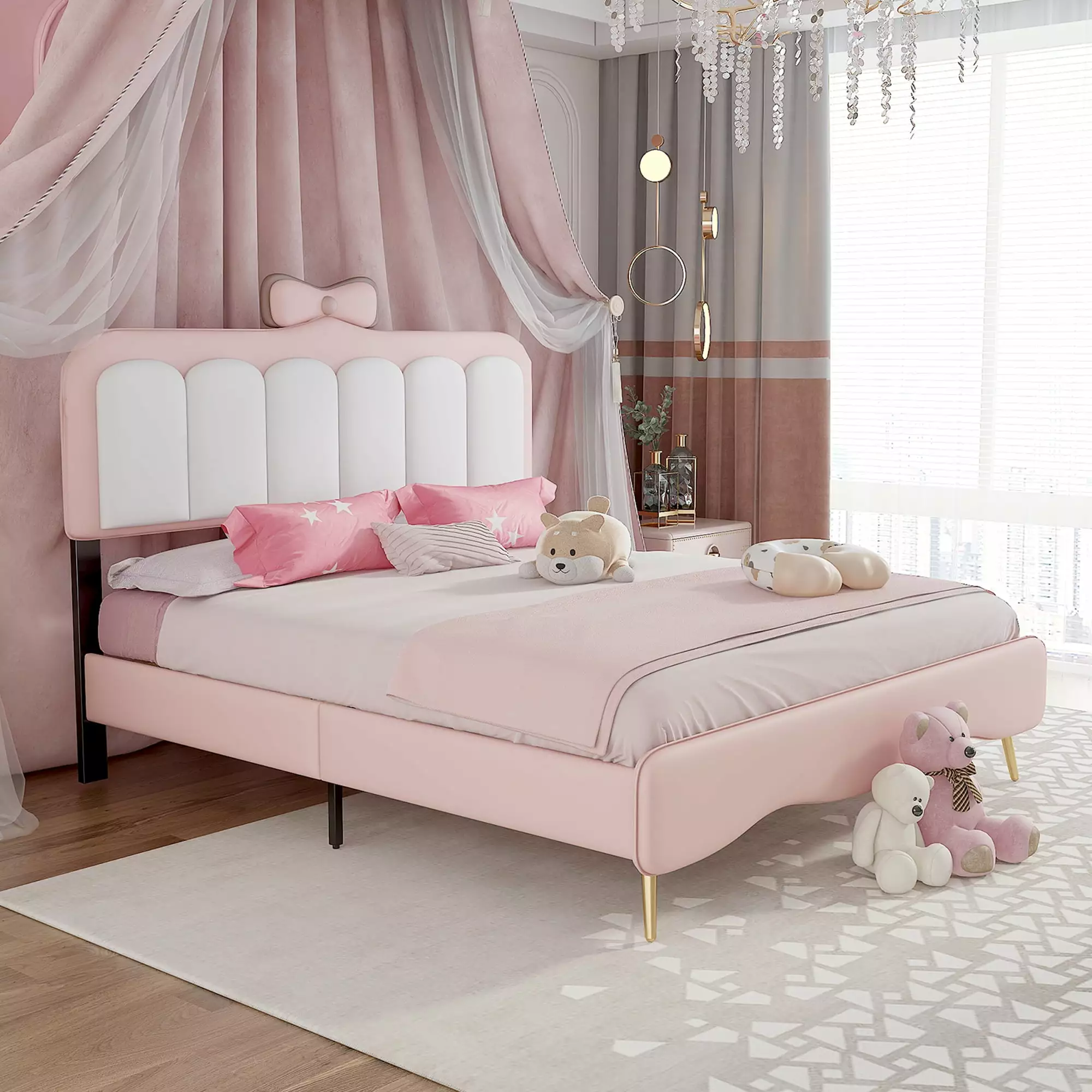 Bellemave Full Size Upholstered Bed Ribbon Style Headboard Velvet Upholstered Princess Bed Full Platform Bed Frame Metal R...