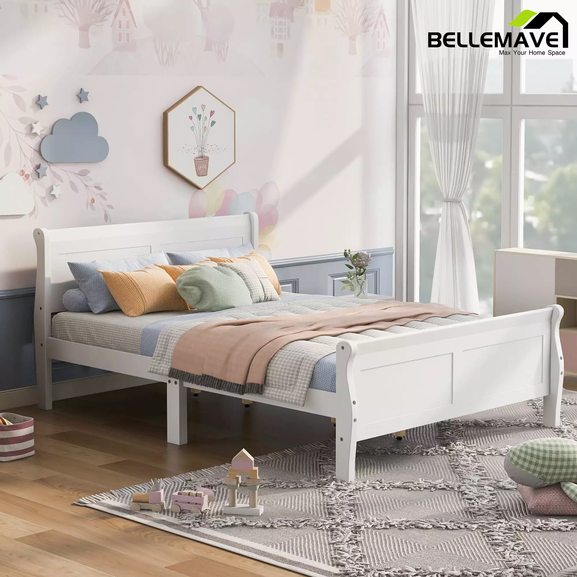 Queen Size Bed Frame Headboard and Footboard Kids Platform Bed Frame Queen Size Modern Platform Bed Frame Kids Girls Boys ...