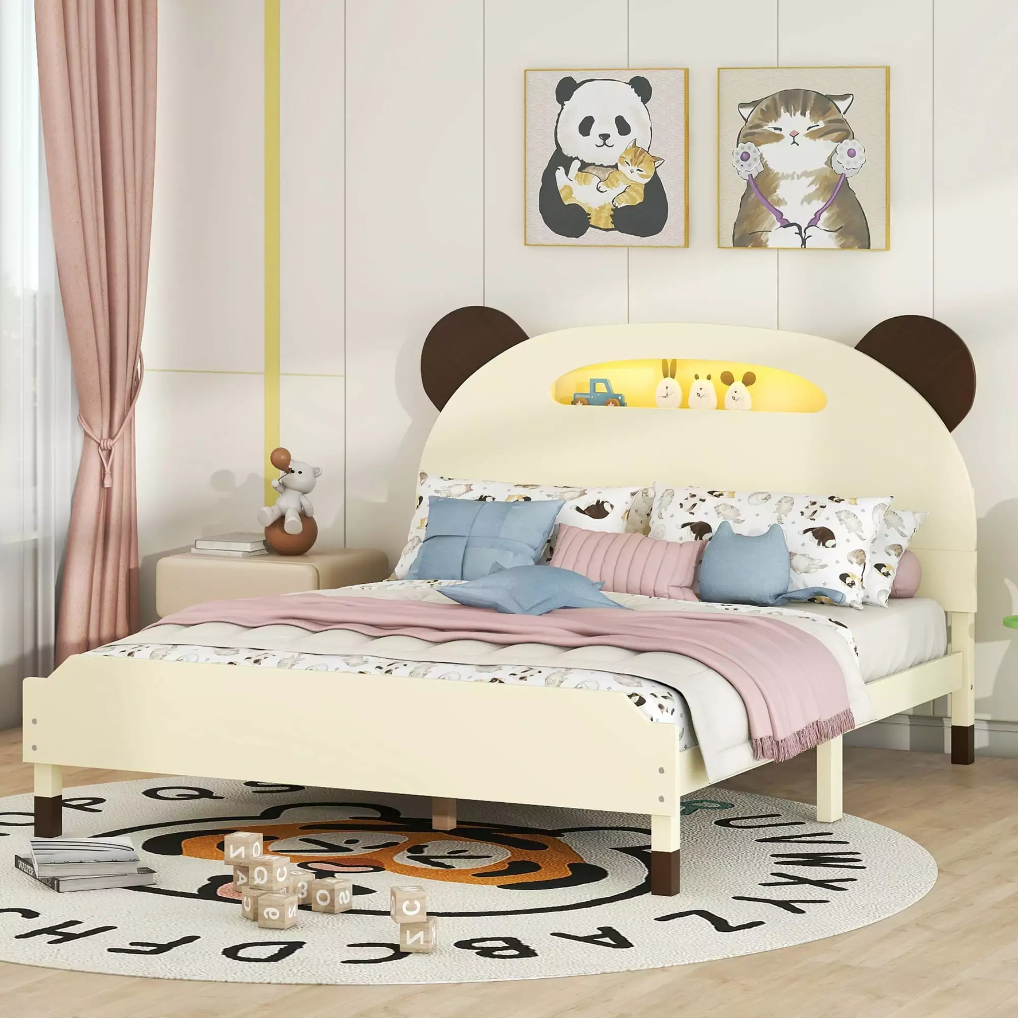 Churanty Full Size Cute Kids Bed Frame Bear Shaped Headboard Wood Platform Bed Motion Activated Night Lights Cream