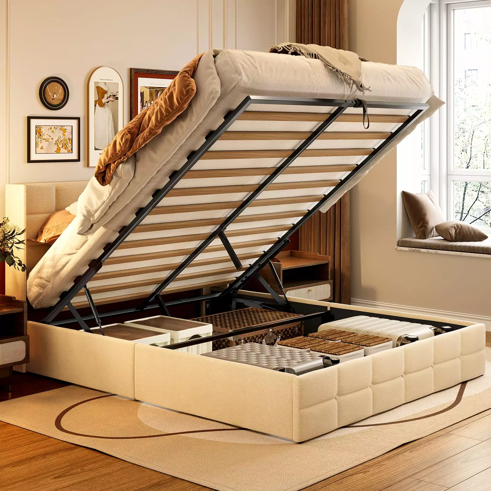 Full Size Bed Frame Lofka Hydraulic Storage Bed Frame Wingback Headboard Beige