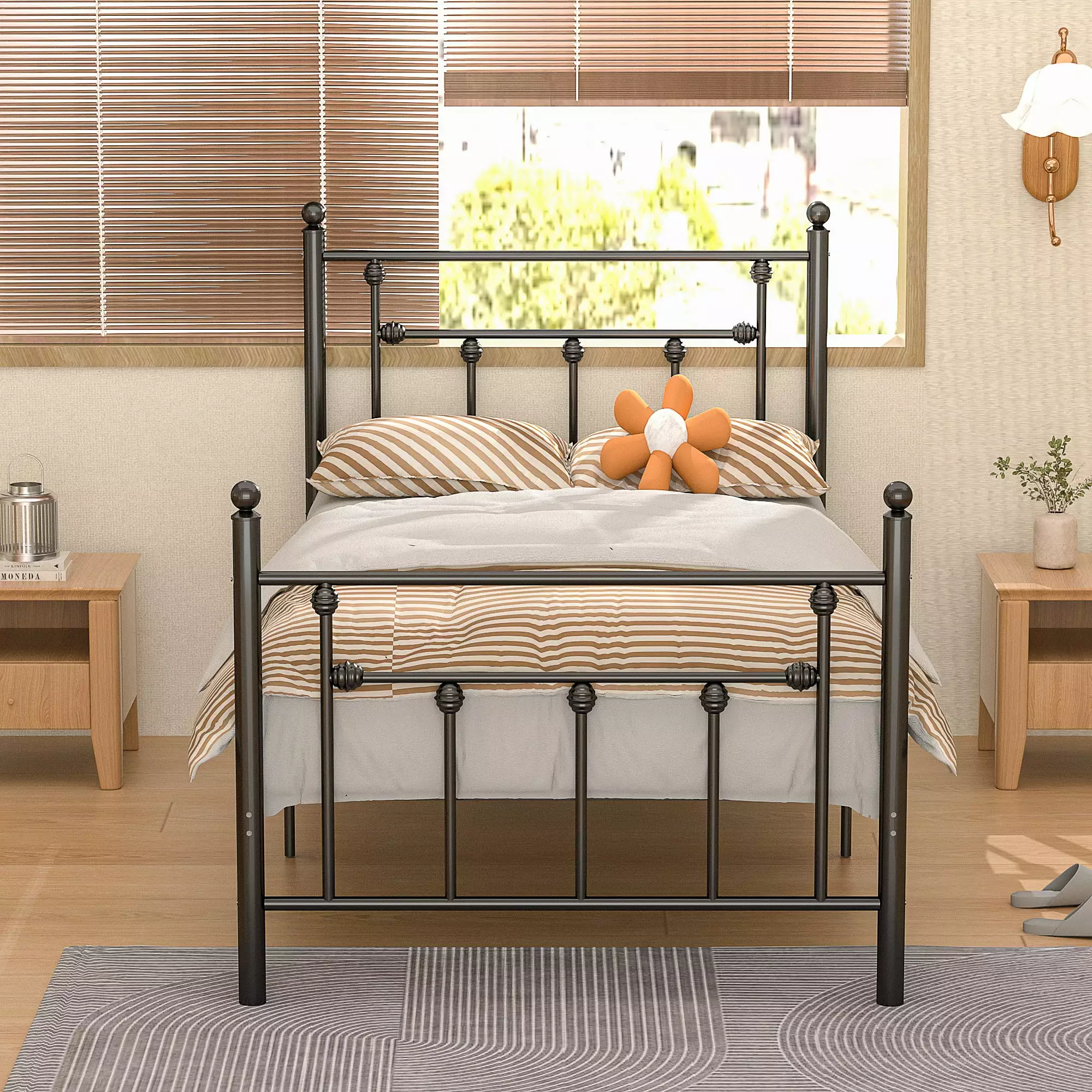 VECELO Twin Size Platform Bed Victorian Headboard and Footboard Black