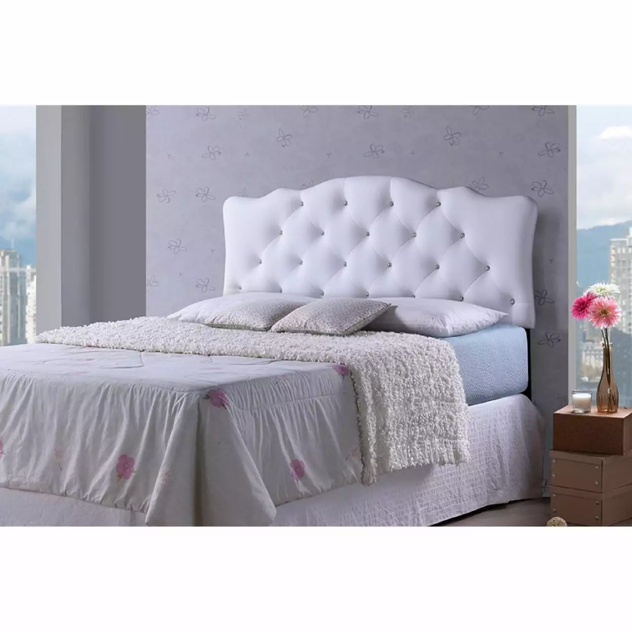 Baxton Studio Rita Queen Size White Faux Leather Upholstered Button-Tufted Bed Wholesale Interiors